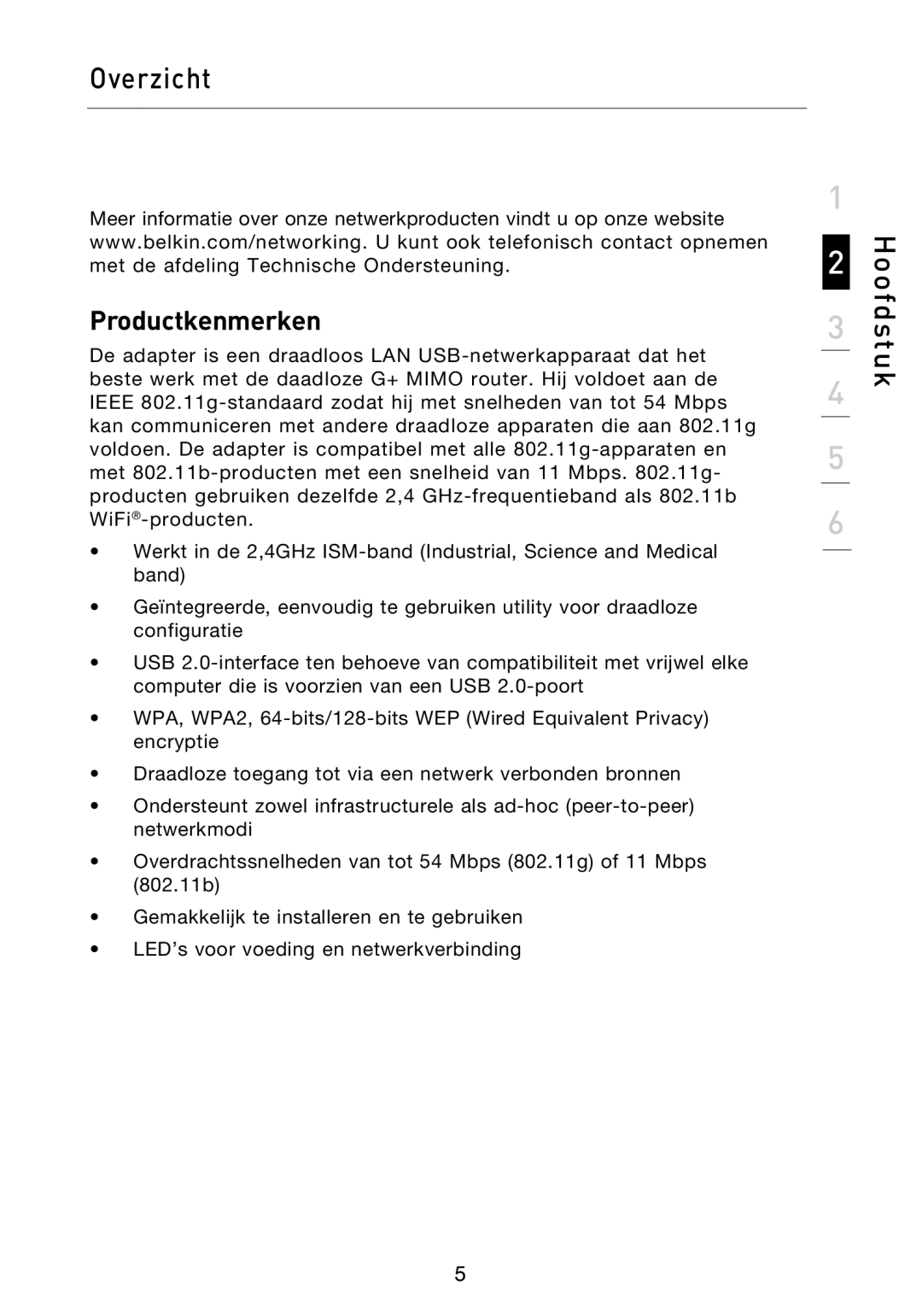 Belkin F5D9050UK user manual Overzicht, Productkenmerken 