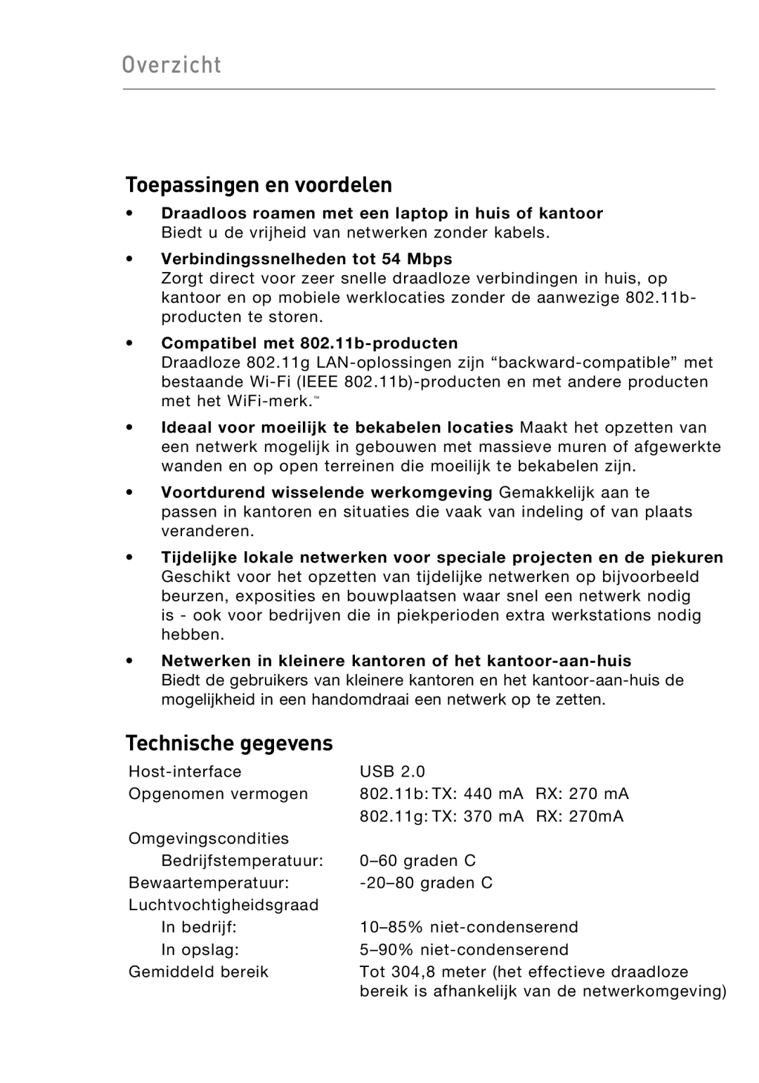 Belkin F5D9050UK user manual Overzicht, Toepassingen en voordelen, Technische gegevens, Compatibel met 802.11b-producten 