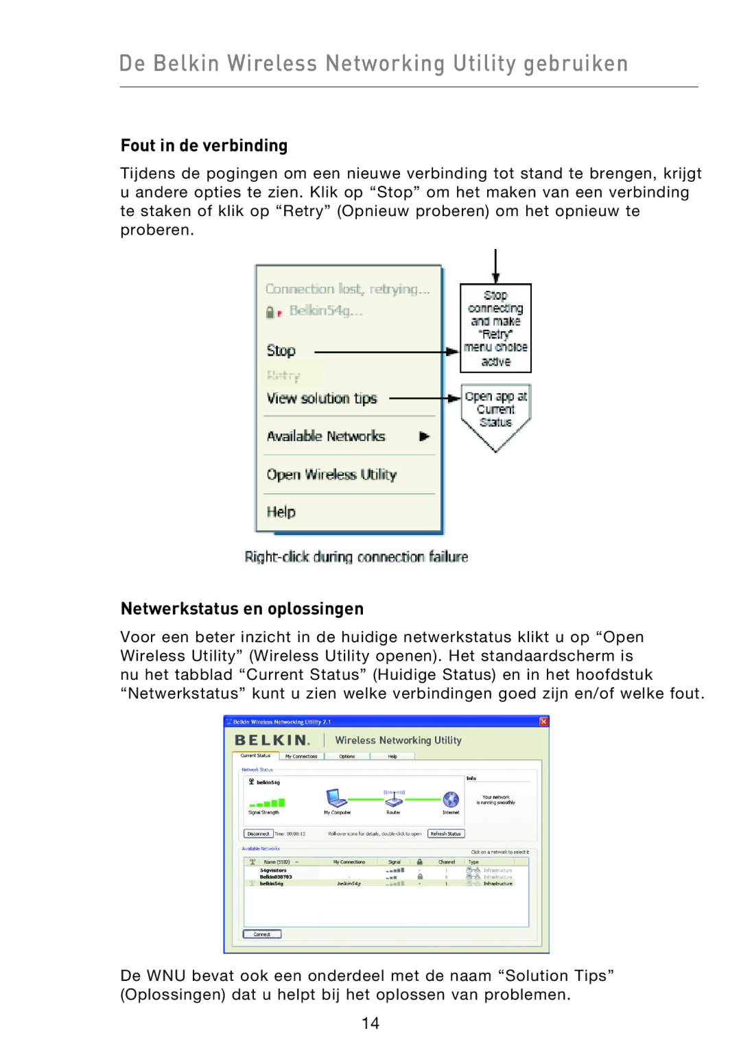 Belkin F5D9050UK De Belkin Wireless Networking Utility gebruiken, Fout in de verbinding, Netwerkstatus en oplossingen 