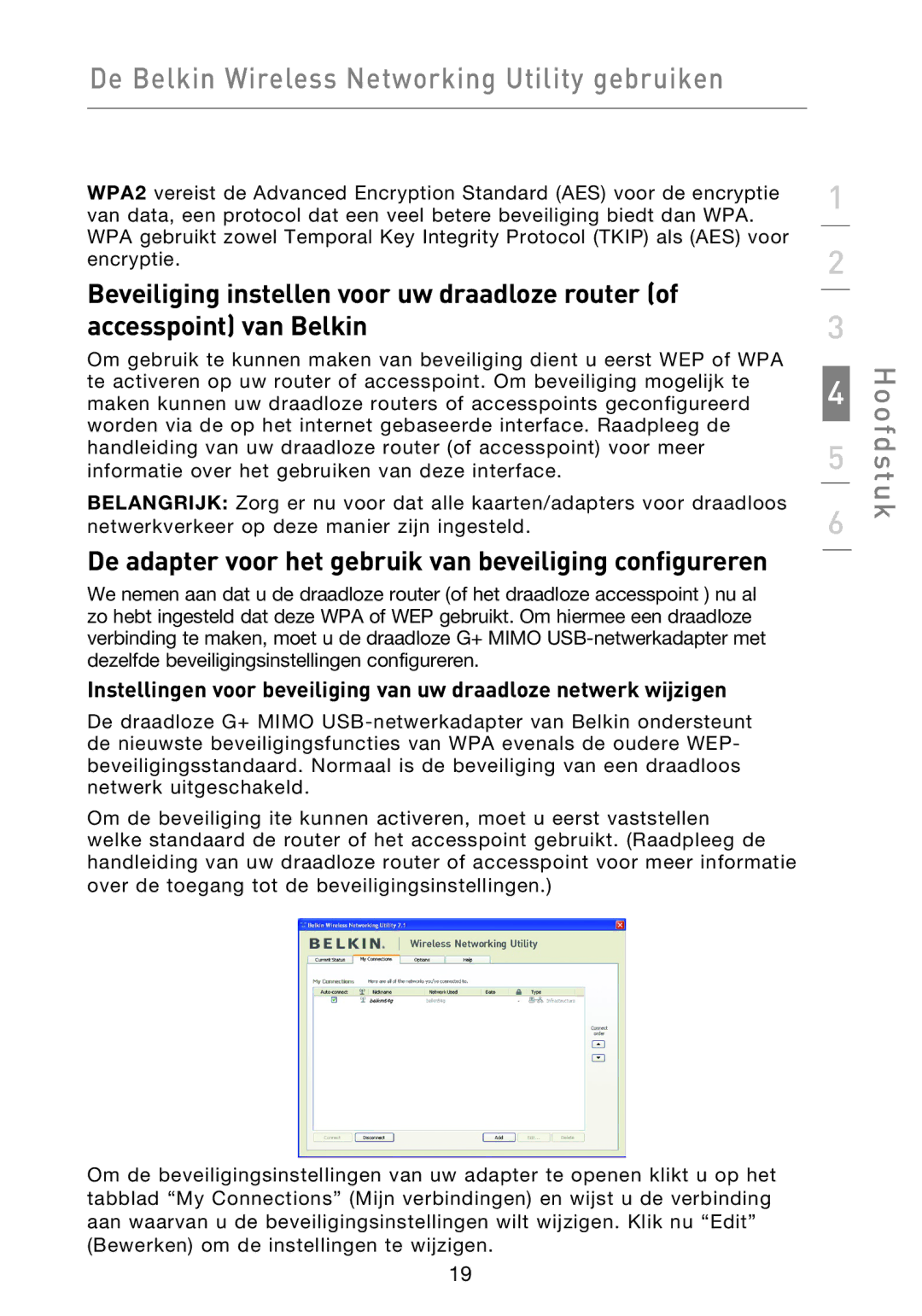 Belkin F5D9050UK user manual De adapter voor het gebruik van beveiliging configureren 