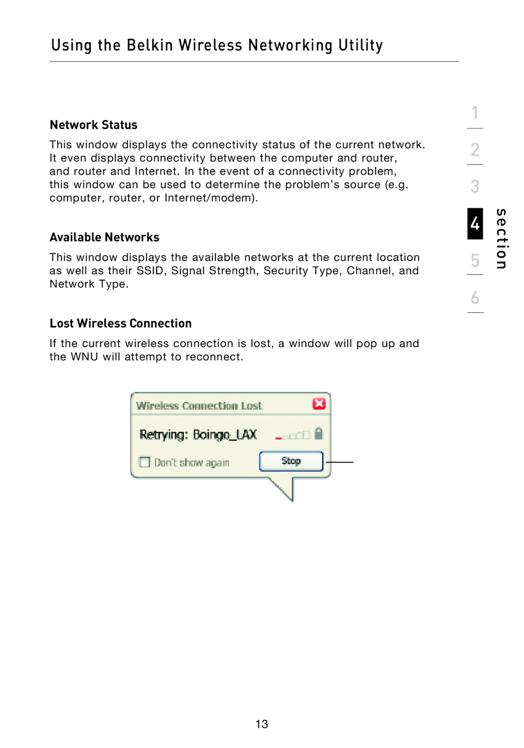 Belkin F5D9050UK user manual Using the Belkin Wireless Networking Utility, Network Status, Available Networks 