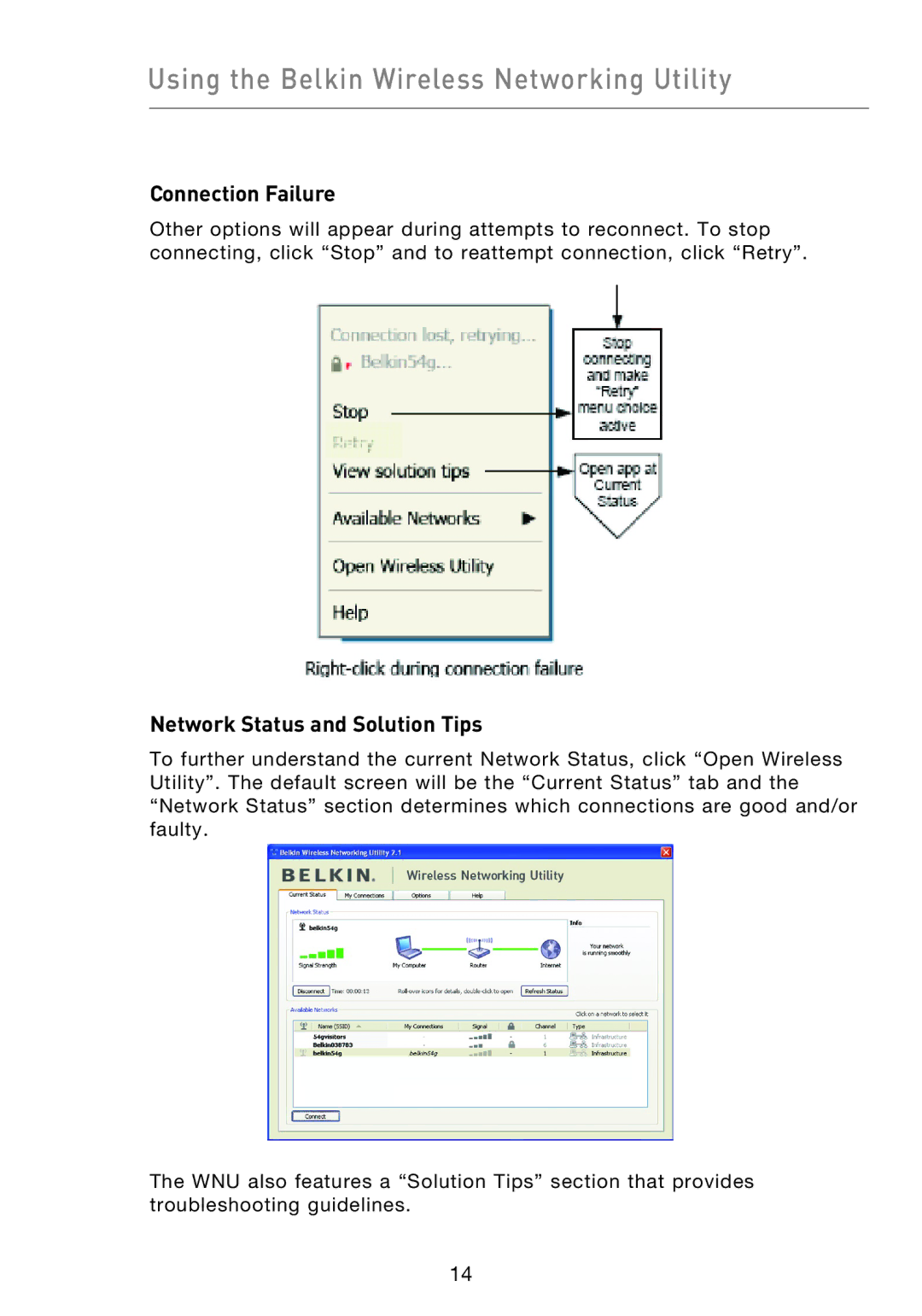 Belkin F5D9050UK Using the Belkin Wireless Networking Utility, Connection Failure, Network Status and Solution Tips 