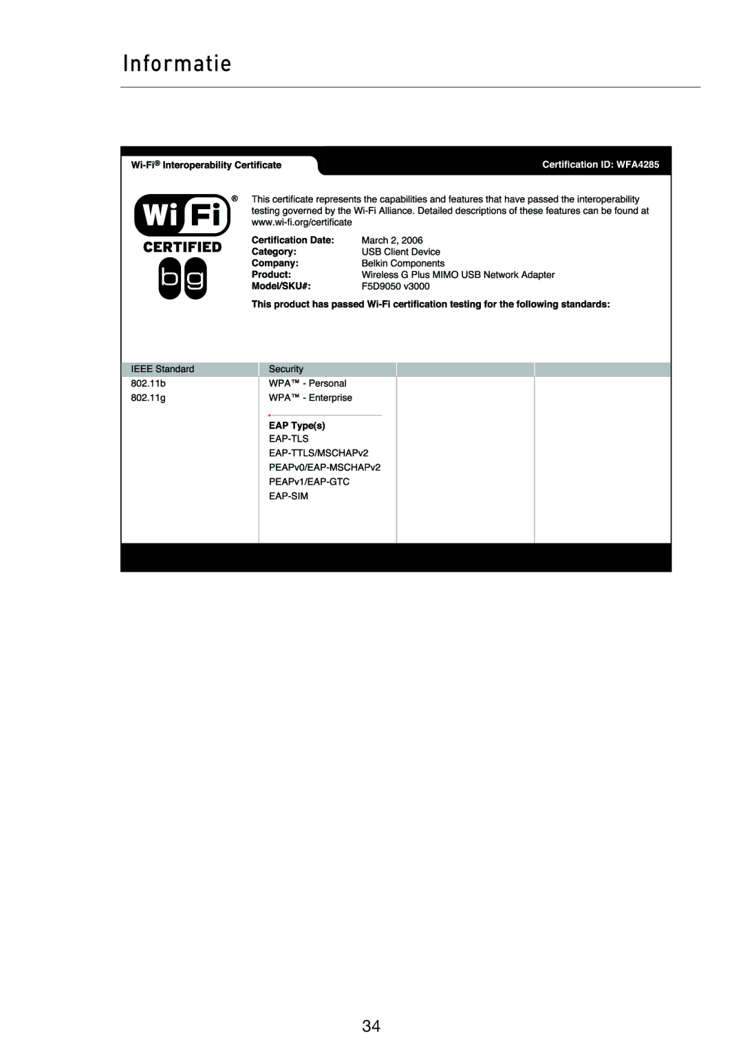 Belkin F5D9050UK user manual Informatie 