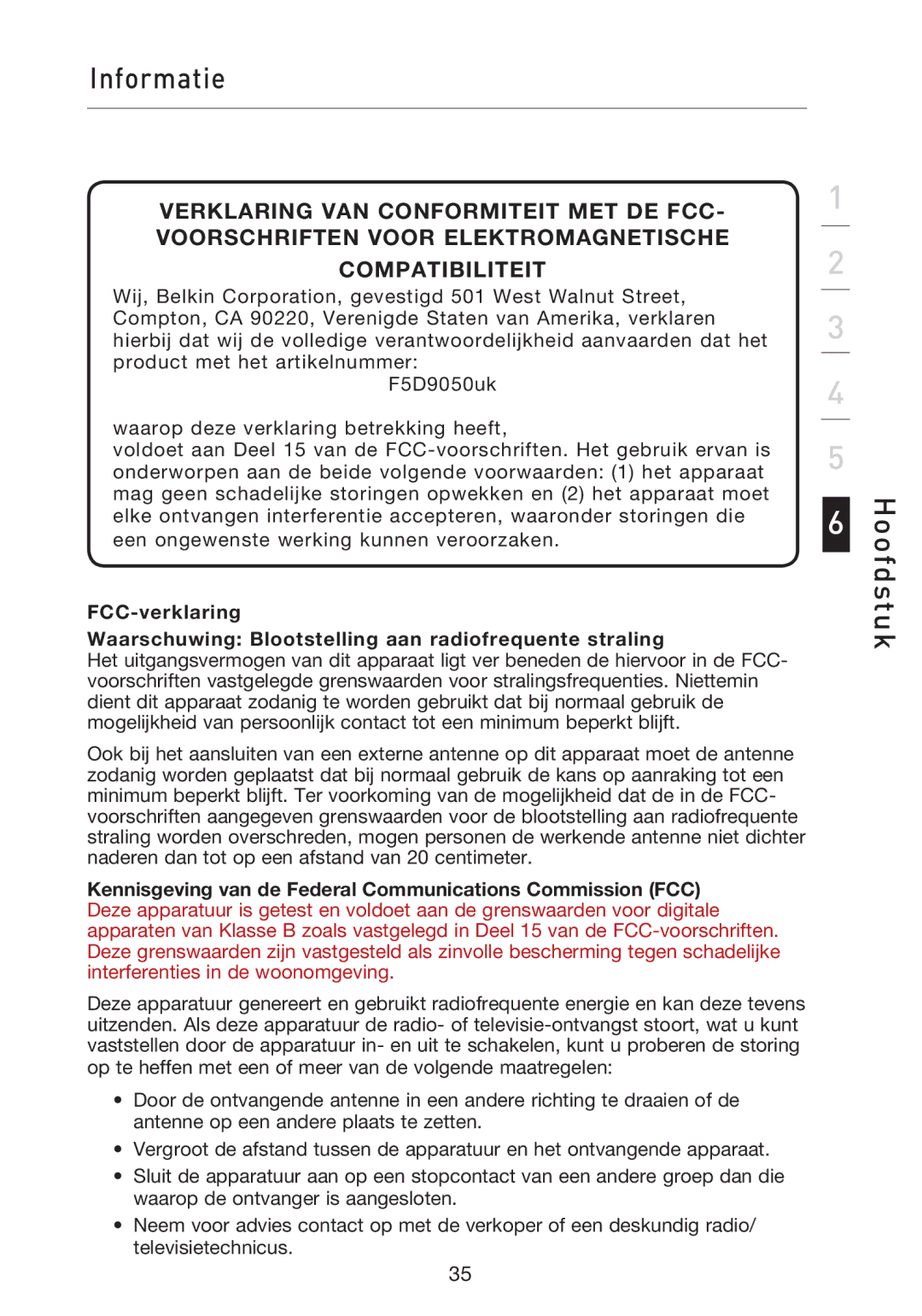 Belkin F5D9050UK user manual Hoofdstuk 