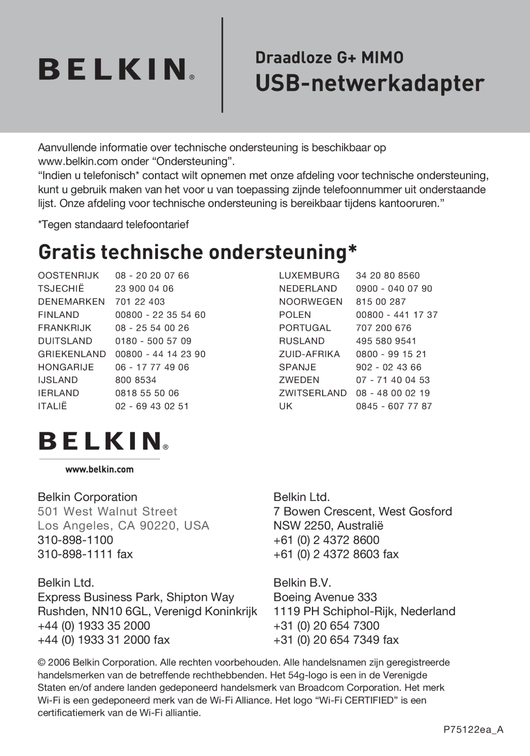 Belkin F5D9050UK user manual Gratis technische ondersteuning 