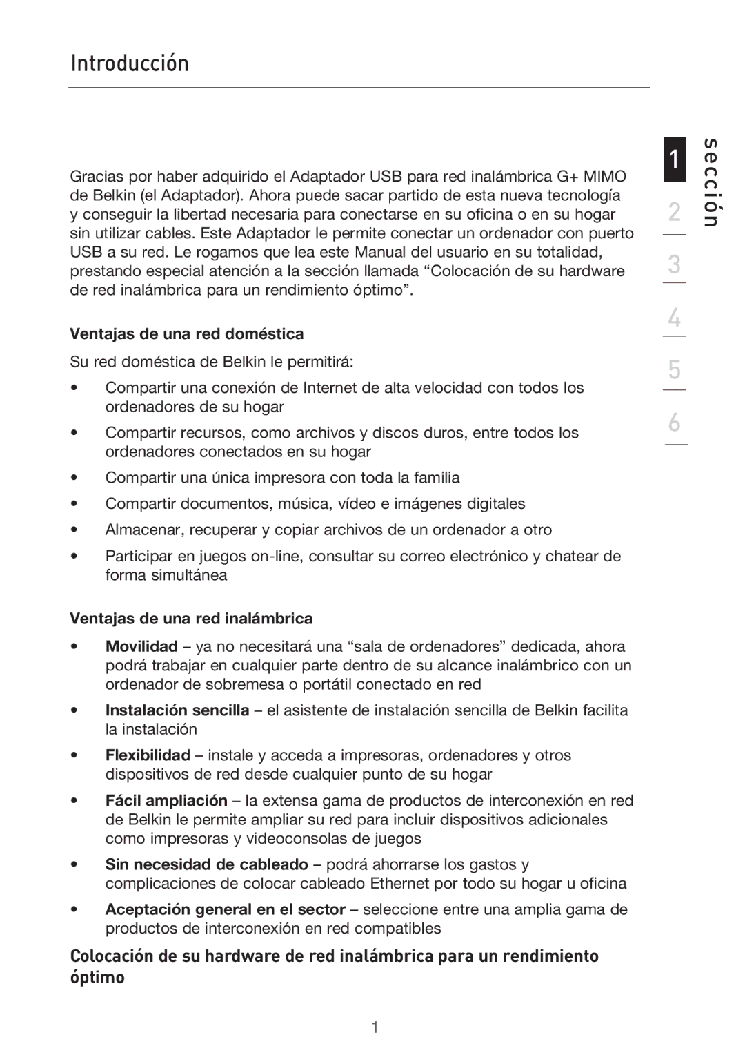 Belkin F5D9050UK user manual Introducción, Sección, Ventajas de una red doméstica, Ventajas de una red inalámbrica 