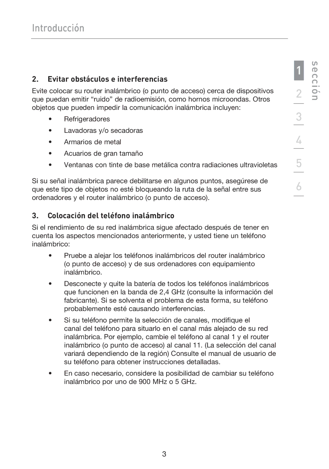 Belkin F5D9050UK user manual Sección, Evitar obstáculos e interferencias, Colocación del teléfono inalámbrico 