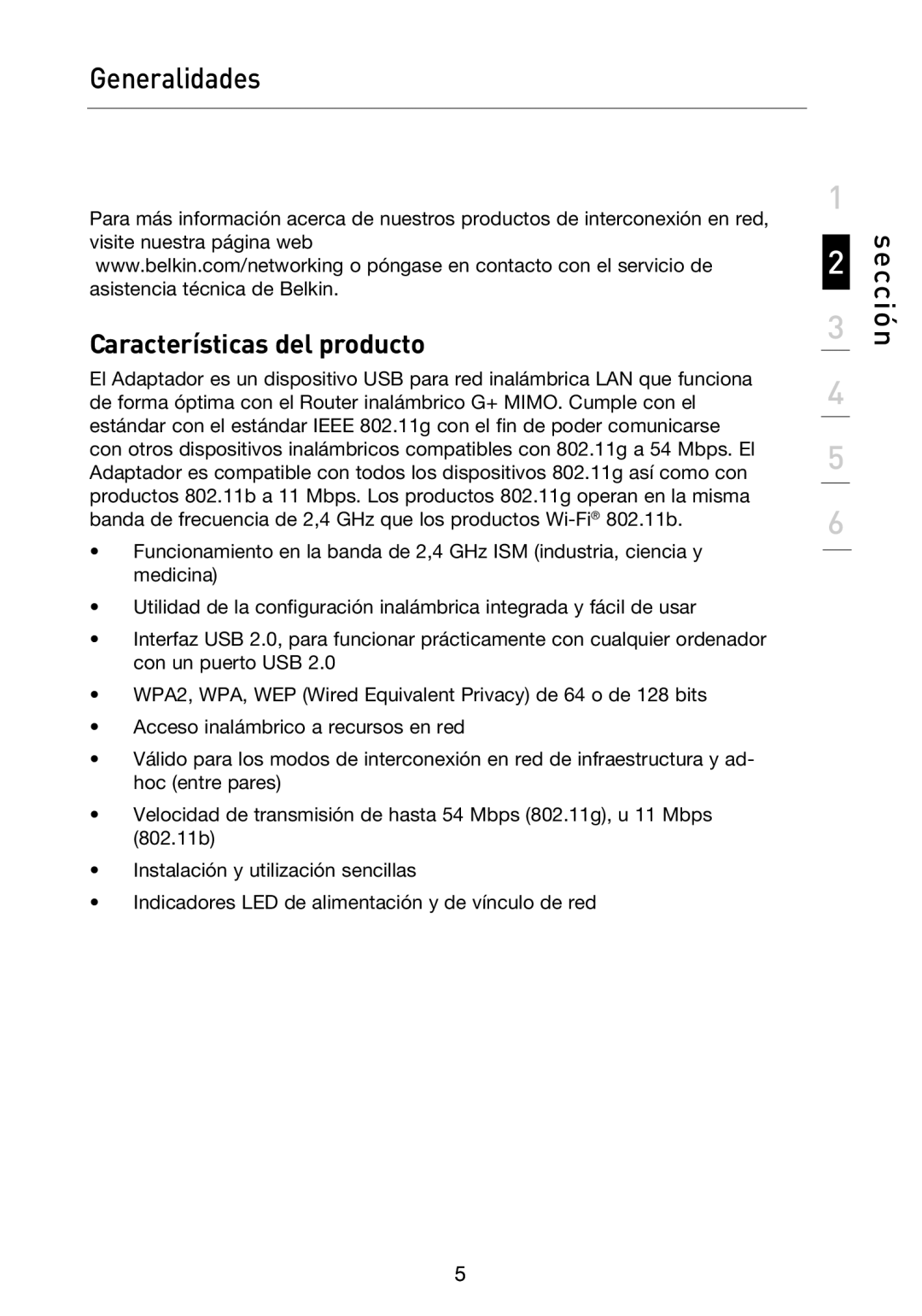 Belkin F5D9050UK user manual Generalidades, Características del producto 