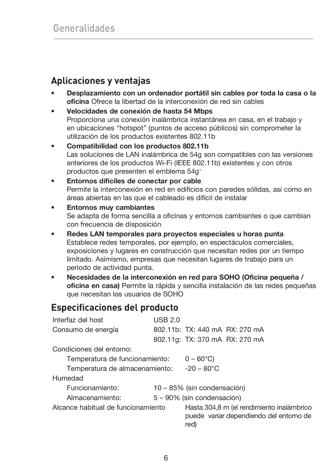 Belkin F5D9050UK user manual Generalidades, Aplicaciones y ventajas, Especificaciones del producto 