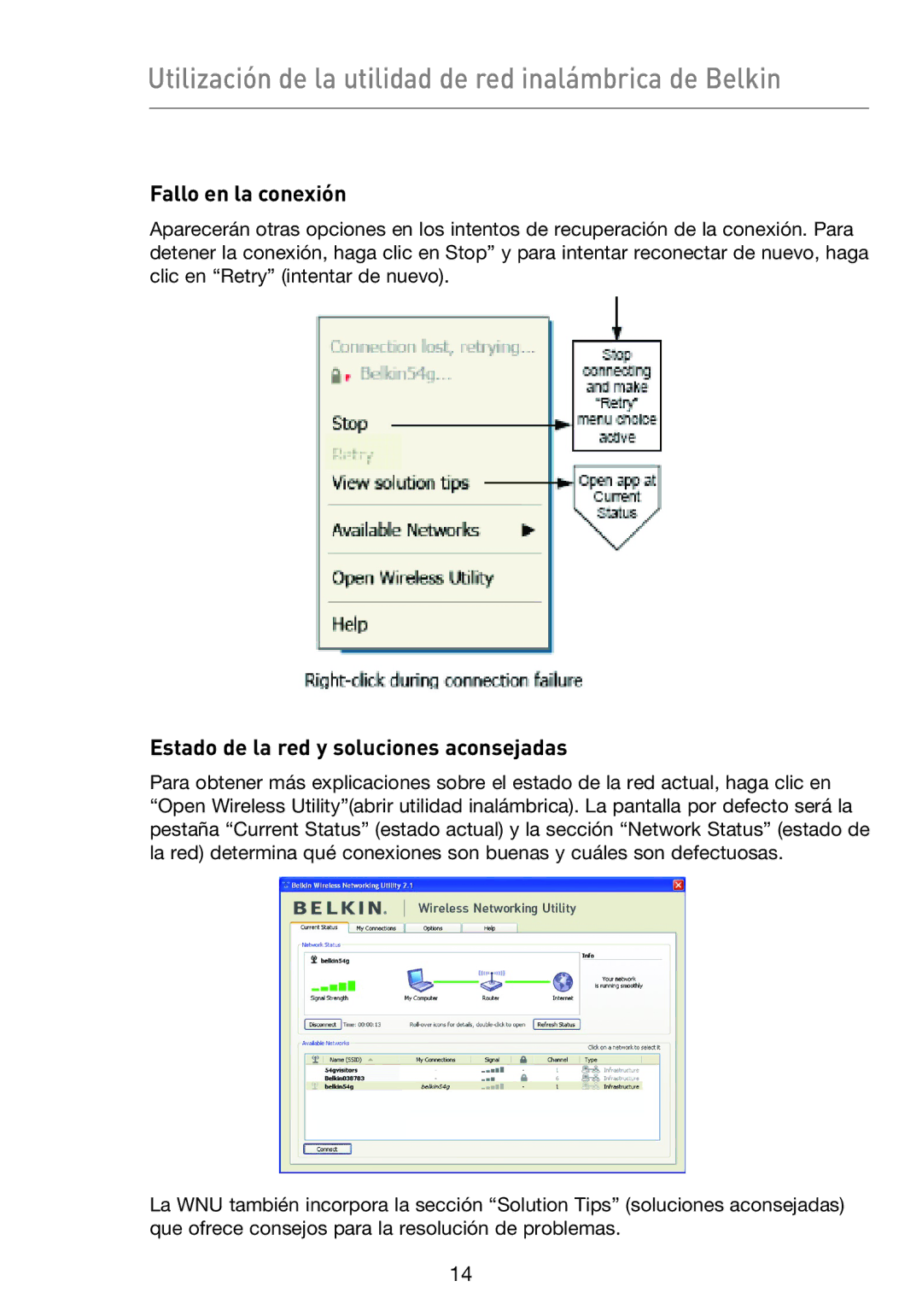 Belkin F5D9050UK user manual Utilización de la utilidad de red inalámbrica de Belkin, Fallo en la conexión 