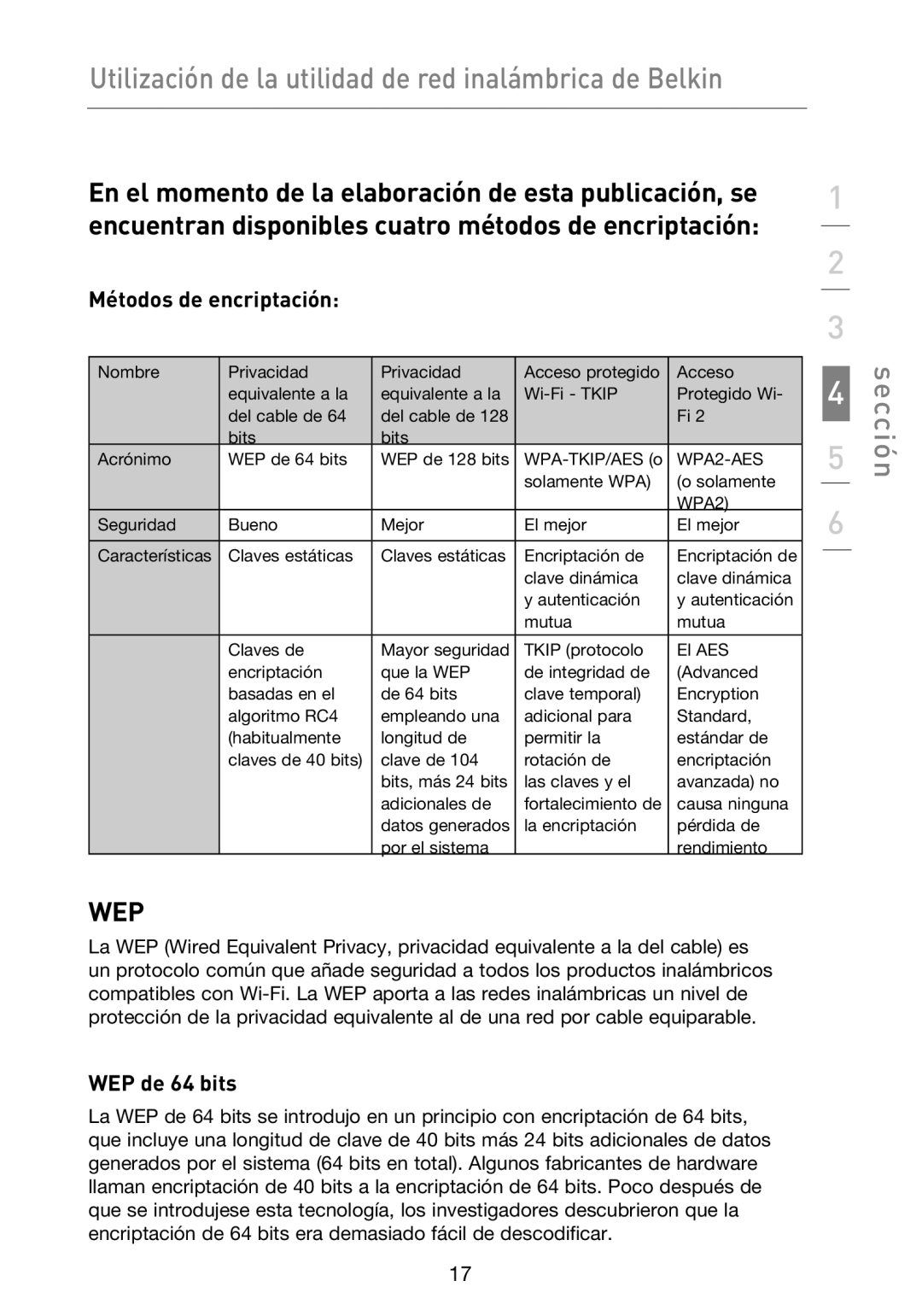 Belkin F5D9050UK user manual Métodos de encriptación, WEP de 64 bits 