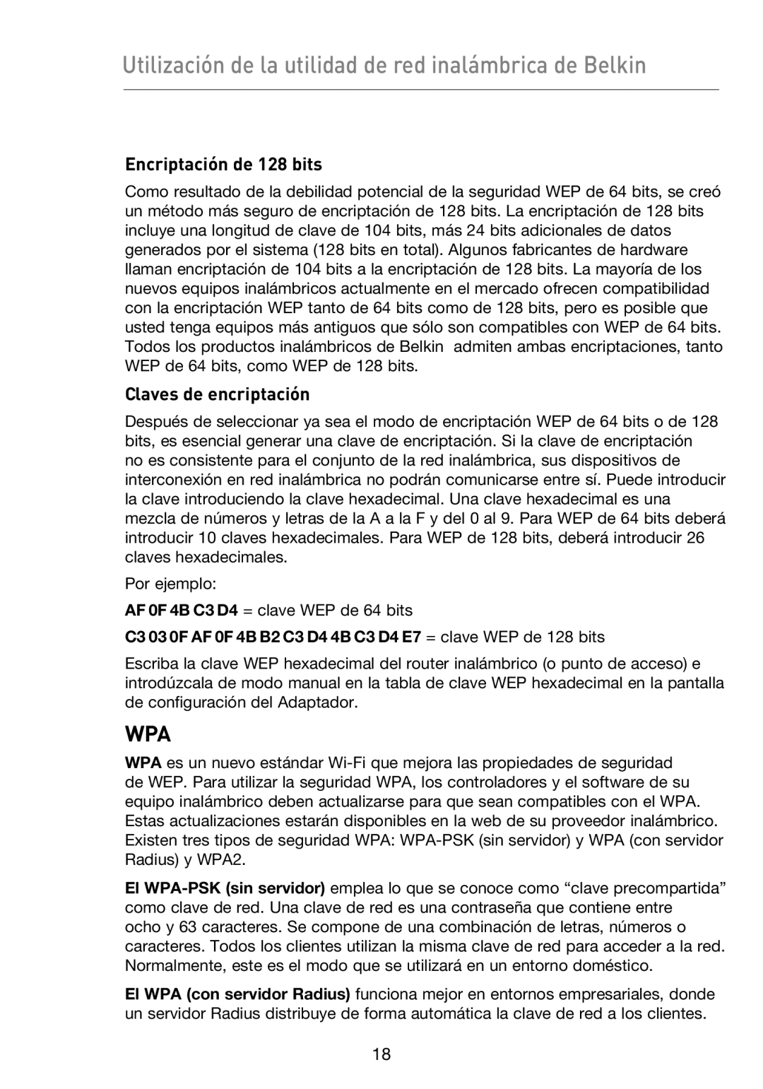 Belkin F5D9050UK user manual Encriptación de 128 bits, Claves de encriptación 