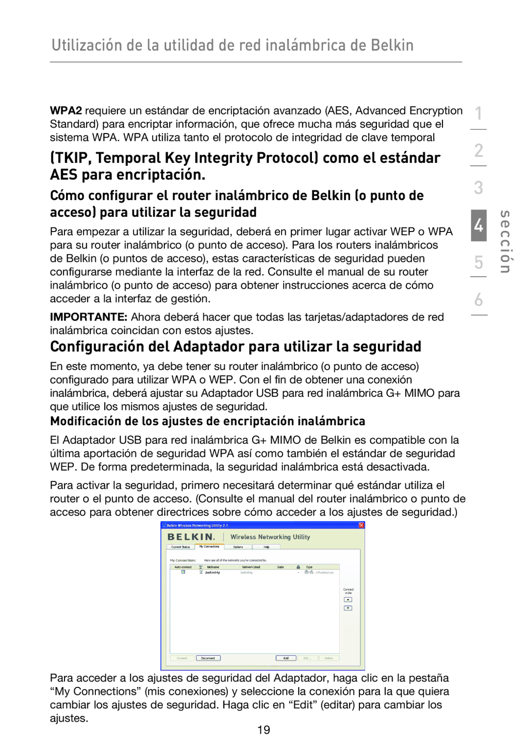 Belkin F5D9050UK user manual Configuración del Adaptador para utilizar la seguridad 