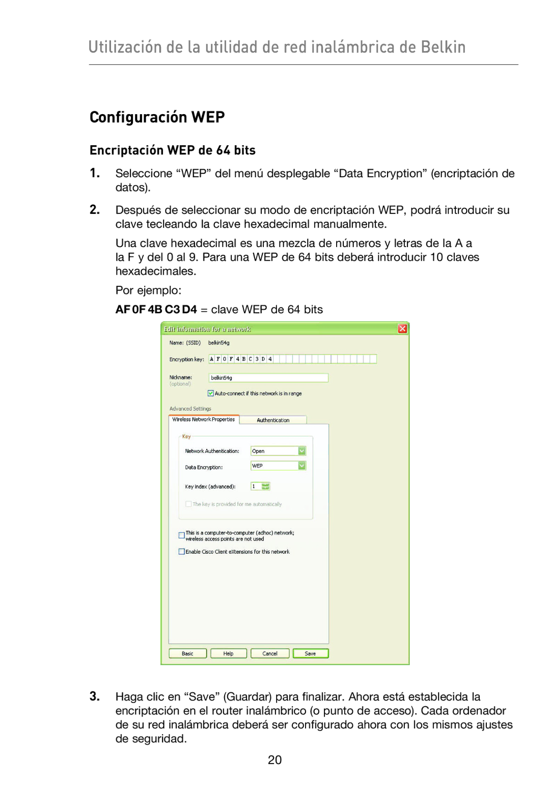 Belkin F5D9050UK user manual Configuración WEP, Encriptación WEP de 64 bits 