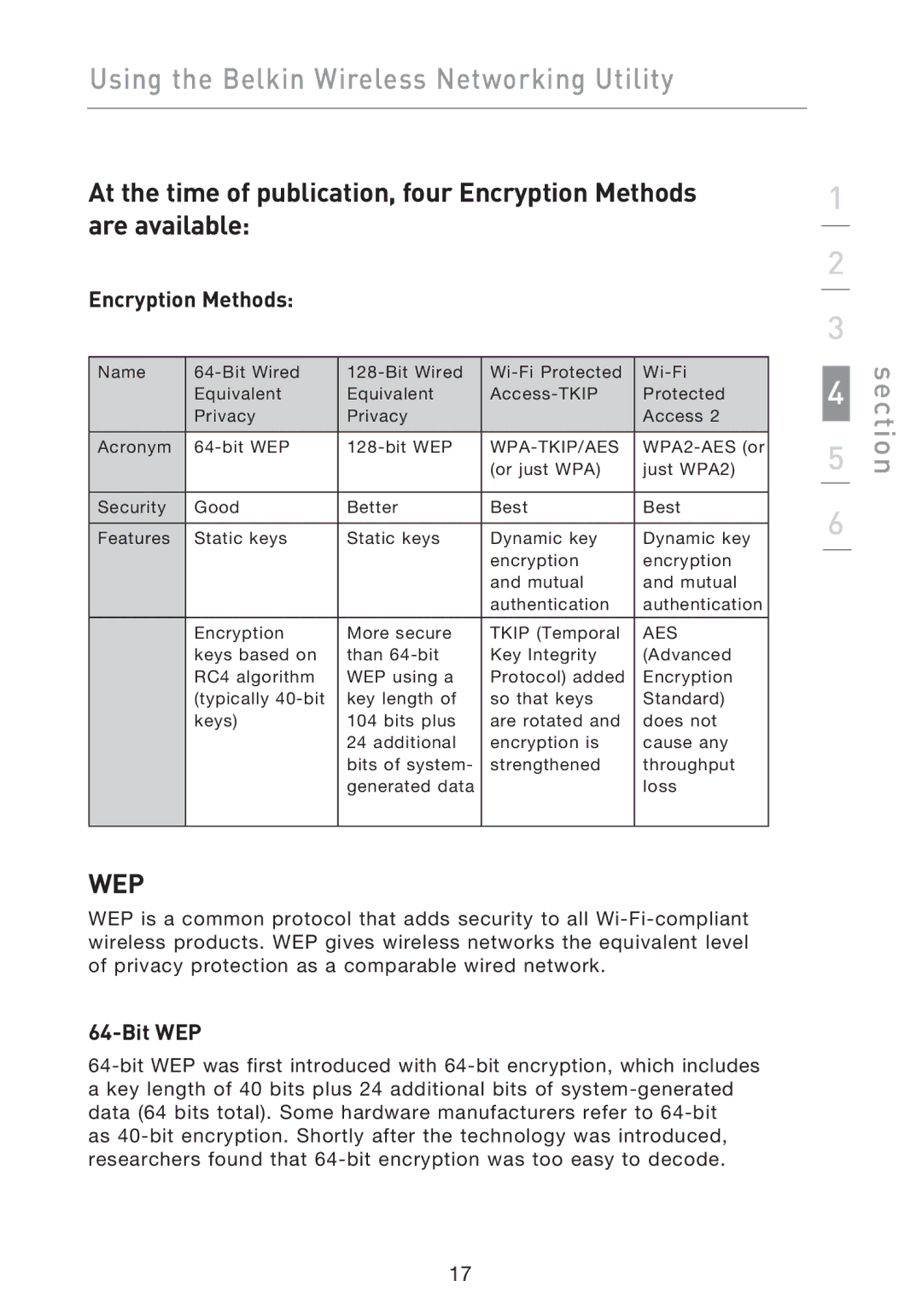 Belkin F5D9050UK user manual Encryption Methods, Bit WEP 