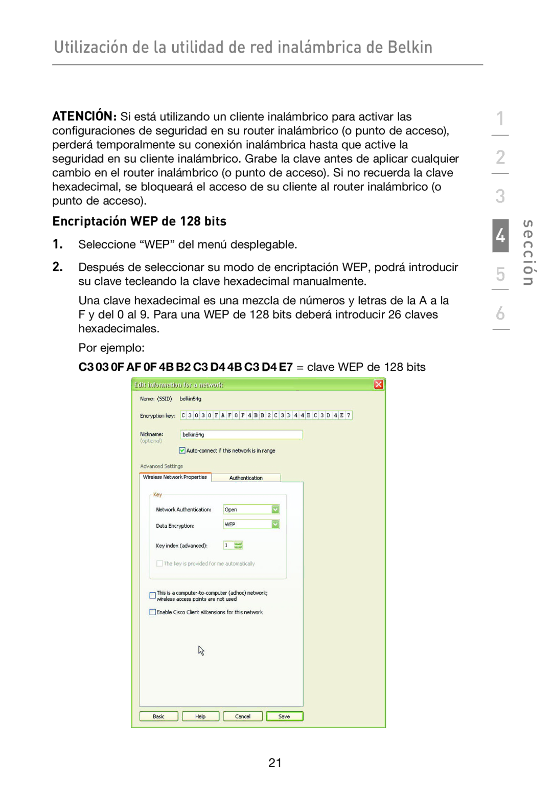 Belkin F5D9050UK user manual Encriptación WEP de 128 bits 