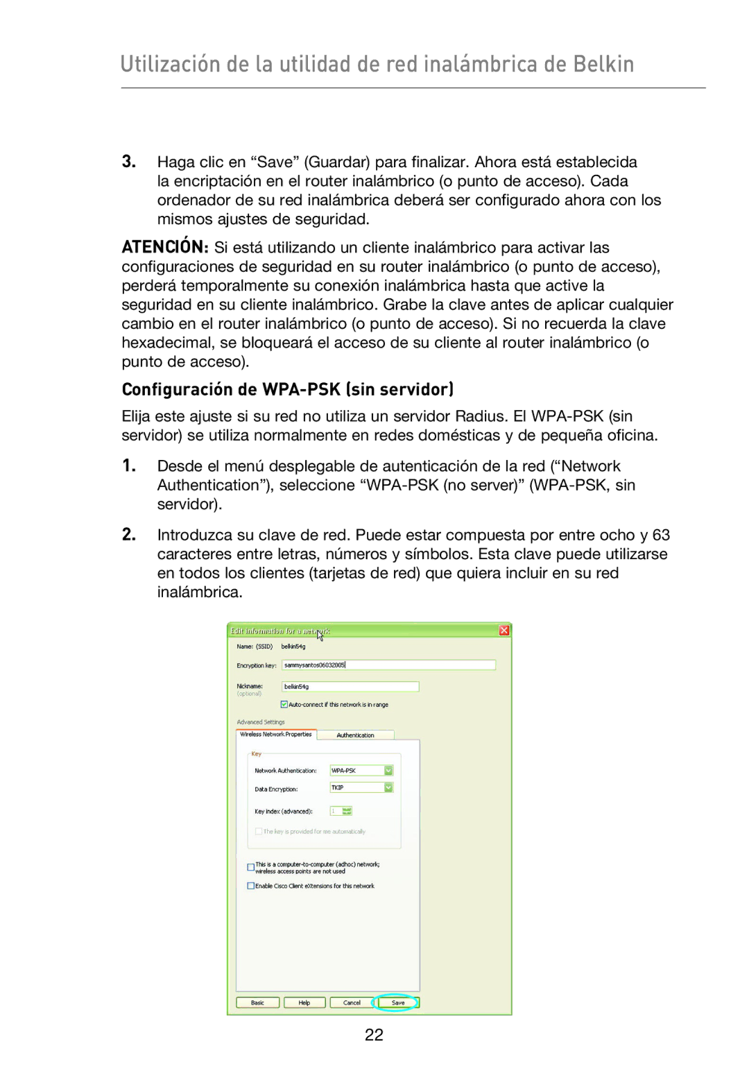 Belkin F5D9050UK user manual Configuración de WPA-PSK sin servidor 