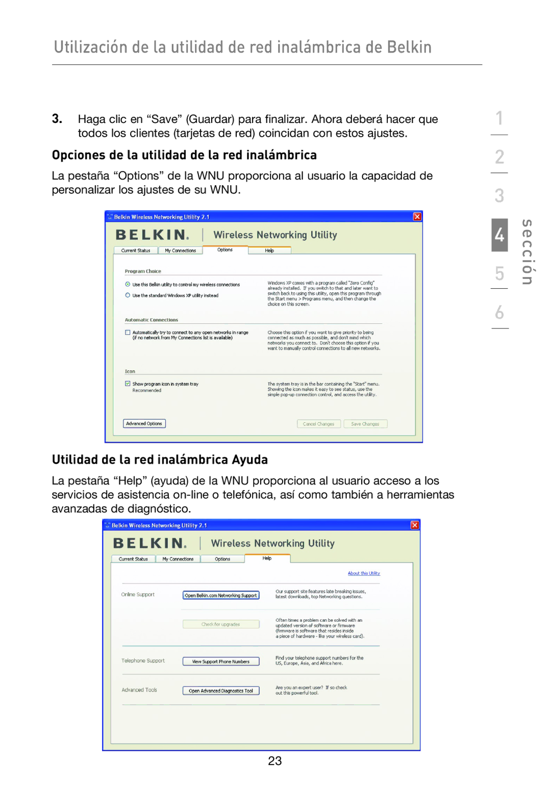 Belkin F5D9050UK user manual Opciones de la utilidad de la red inalámbrica, Utilidad de la red inalámbrica Ayuda 