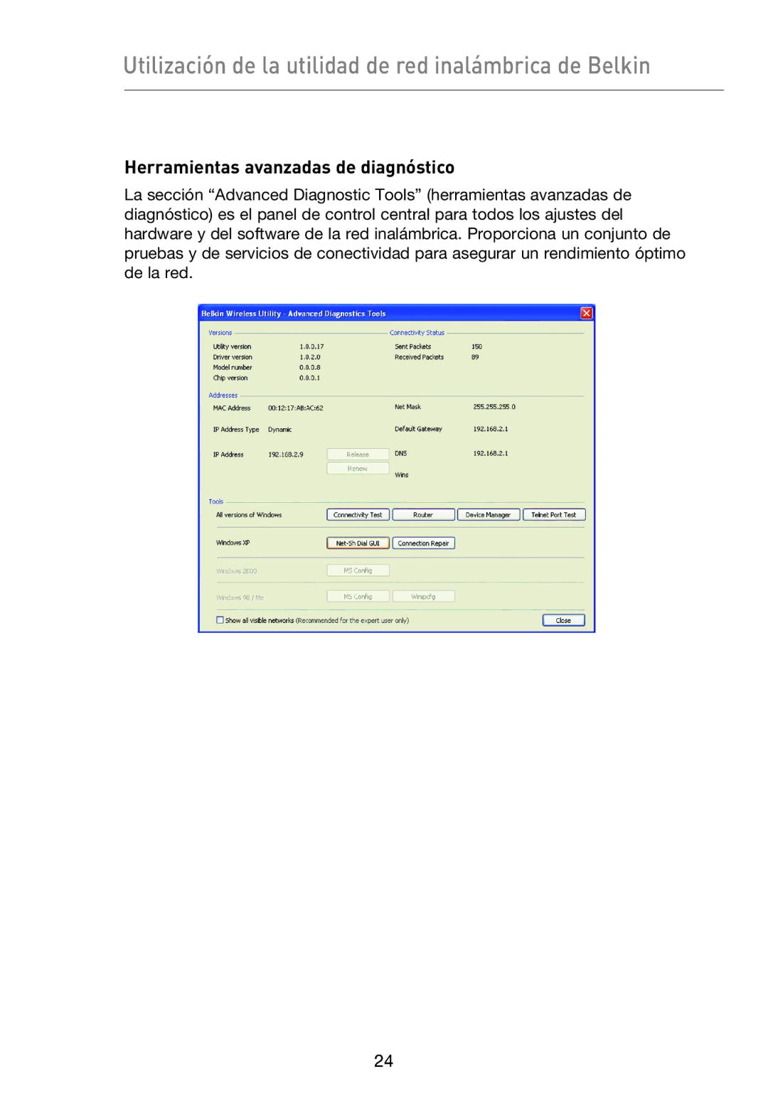 Belkin F5D9050UK user manual Herramientas avanzadas de diagnóstico 