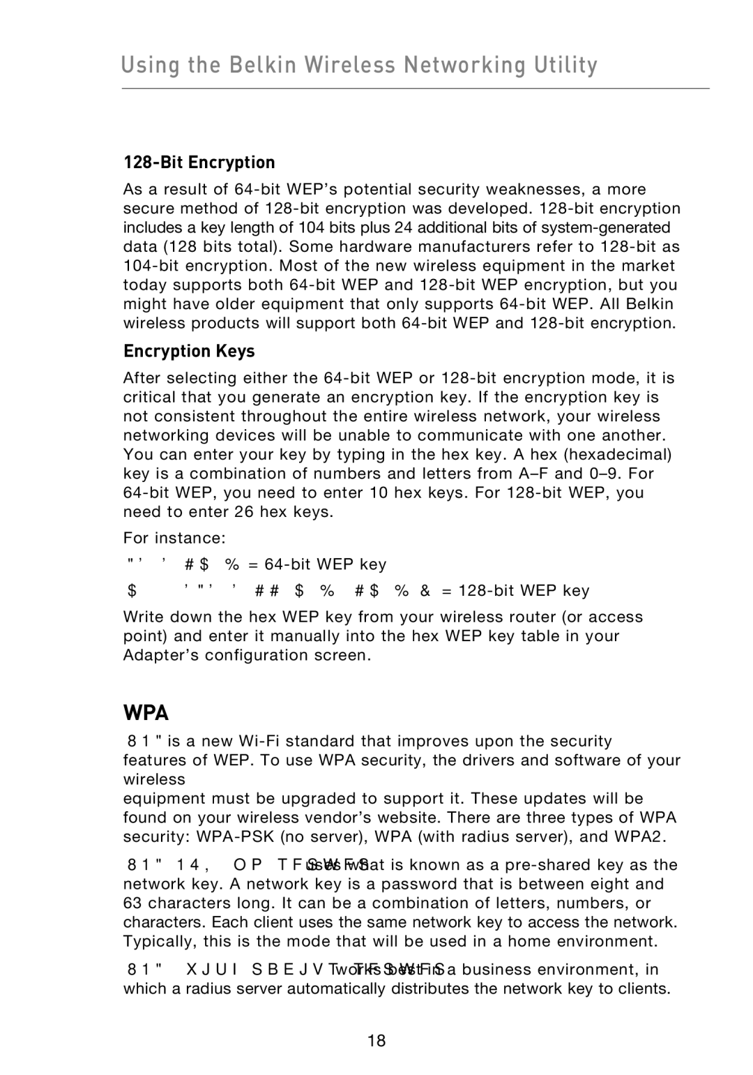 Belkin F5D9050UK user manual Bit Encryption, Encryption Keys, C3 03 0F AF 0F 4B B2 C3 D4 4B C3 D4 E7 = 128-bit WEP key 