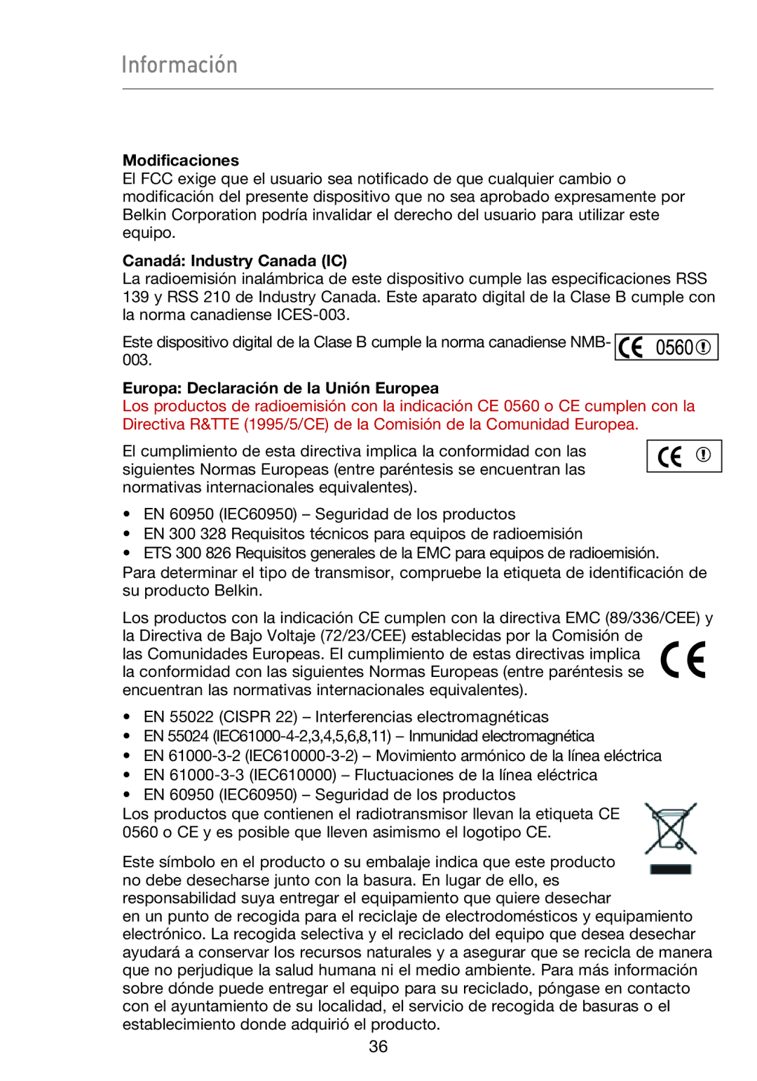 Belkin F5D9050UK user manual Información, Modificaciones, Canadá Industry Canada IC, Europa Declaración de la Unión Europea 