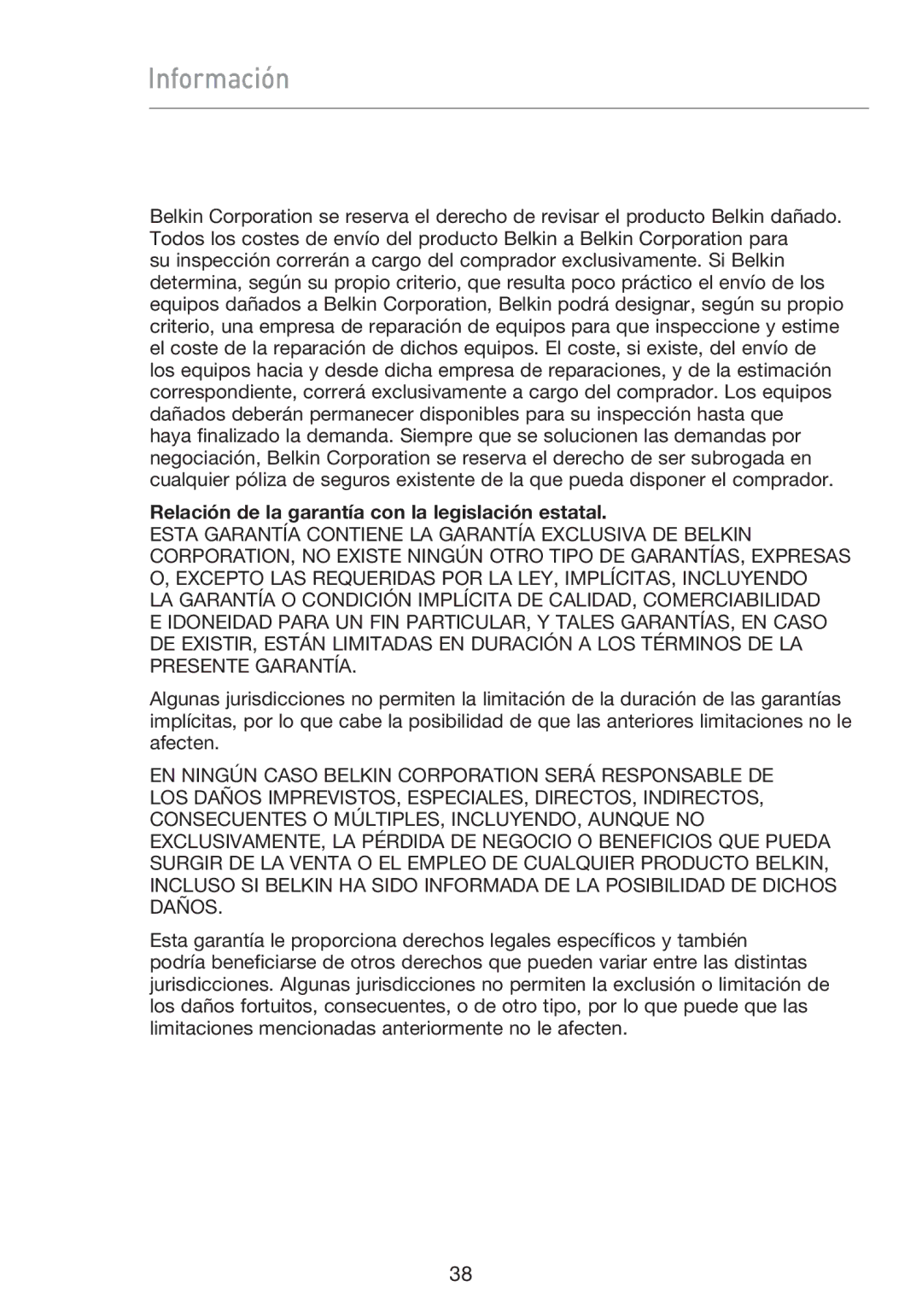 Belkin F5D9050UK user manual Relación de la garantía con la legislación estatal 