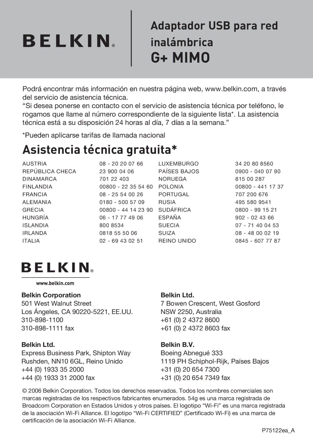 Belkin F5D9050UK user manual Asistencia técnica gratuita 