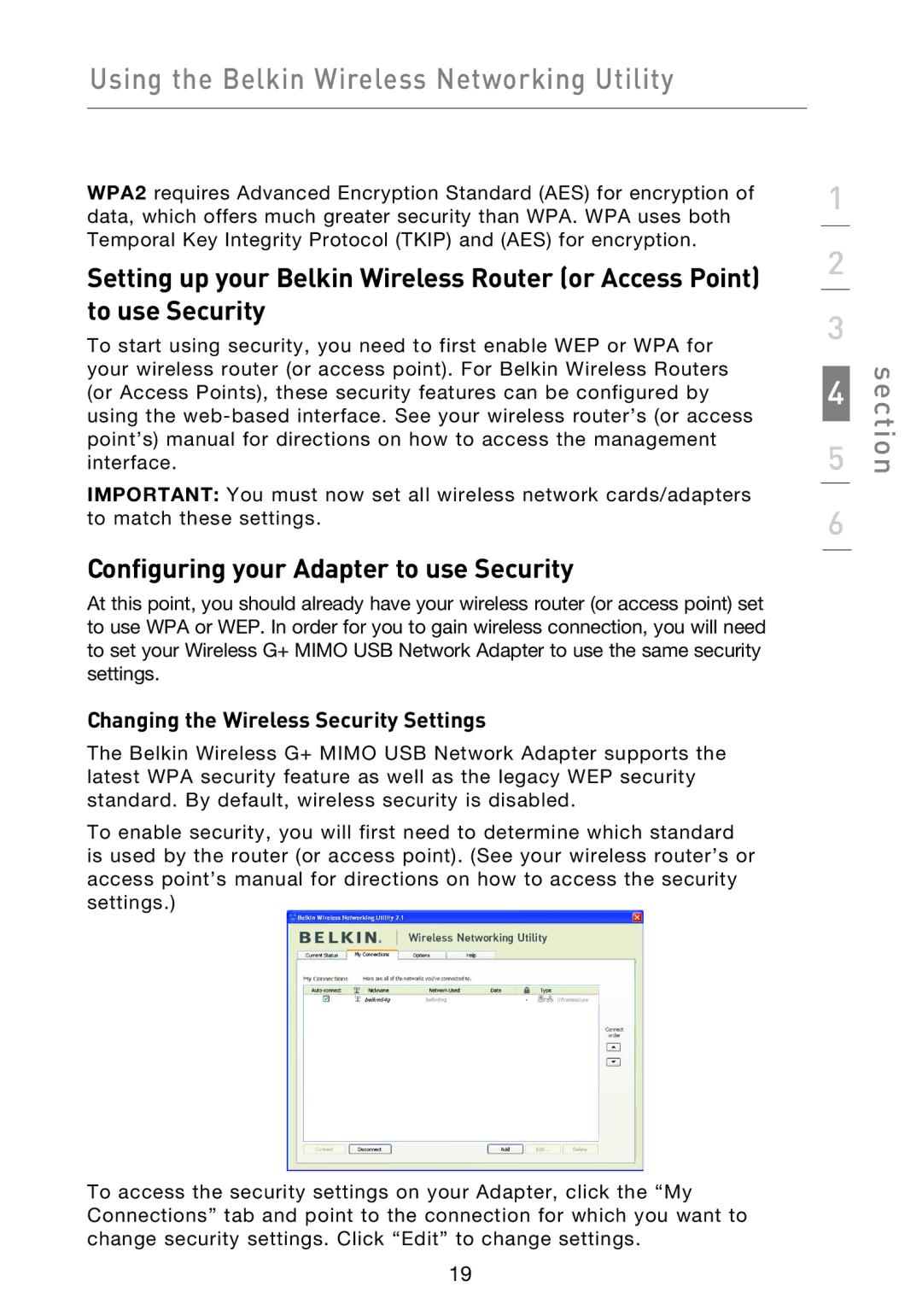 Belkin F5D9050UK user manual Configuring your Adapter to use Security, Changing the Wireless Security Settings 