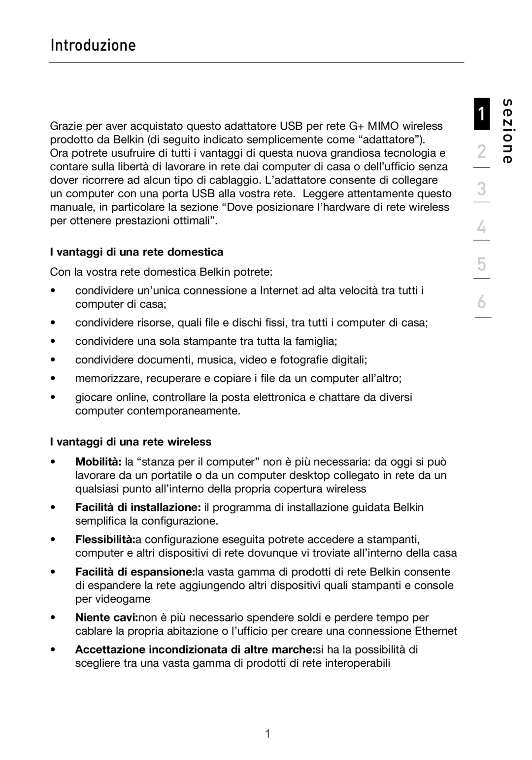 Belkin F5D9050UK user manual Introduzione, Sezione, Vantaggi di una rete domestica, Vantaggi di una rete wireless 