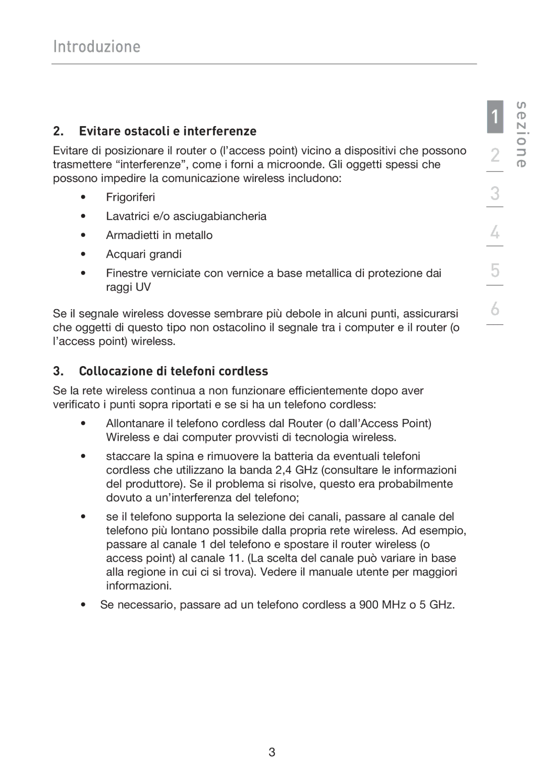 Belkin F5D9050UK user manual Sezione, Evitare ostacoli e interferenze, Collocazione di telefoni cordless 