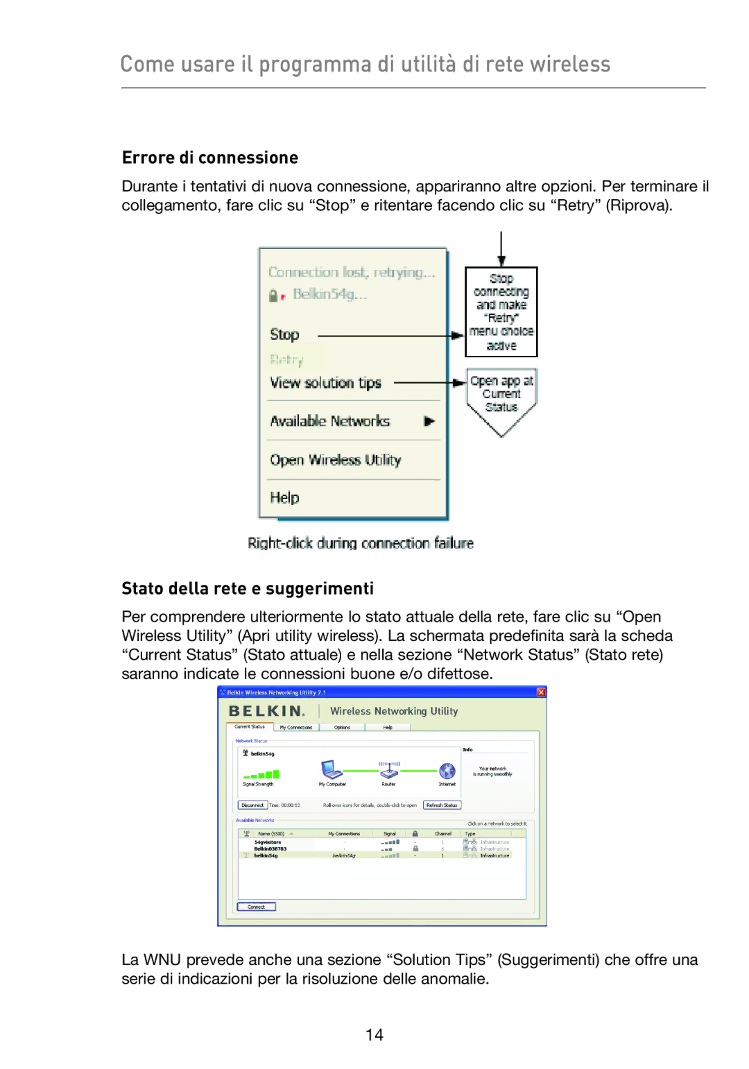 Belkin F5D9050UK user manual Come usare il programma di utilità di rete wireless, Errore di connessione 