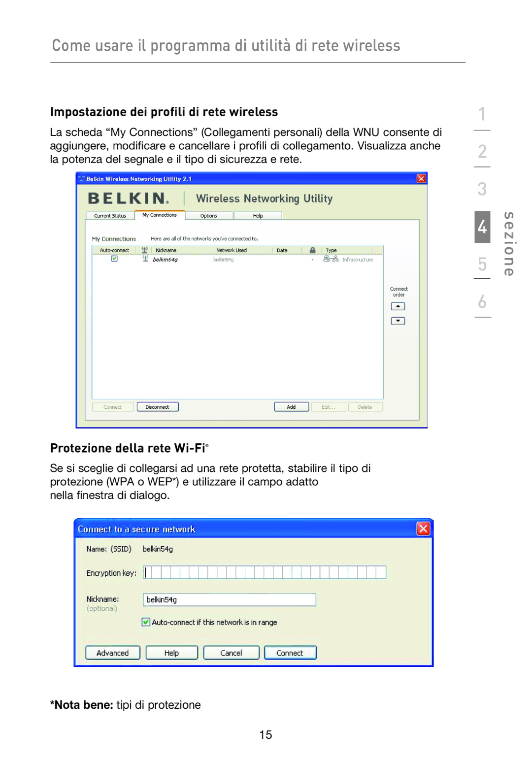 Belkin F5D9050UK user manual Impostazione dei profili di rete wireless, Protezione della rete Wi-Fi 