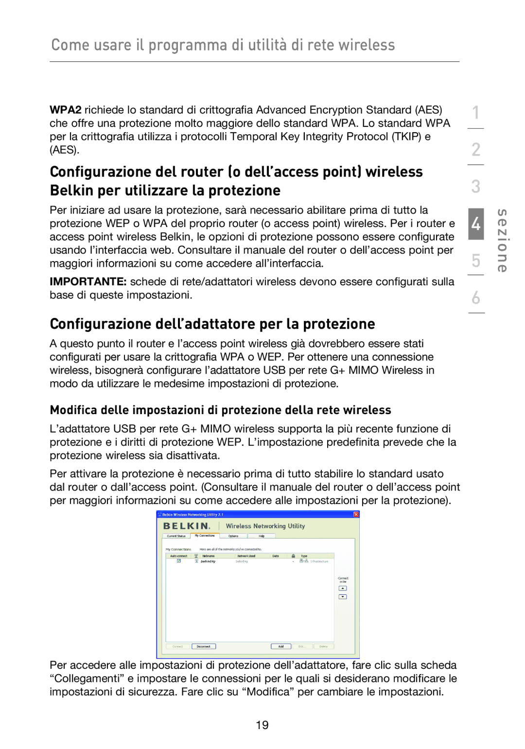 Belkin F5D9050UK user manual Configurazione dell’adattatore per la protezione 