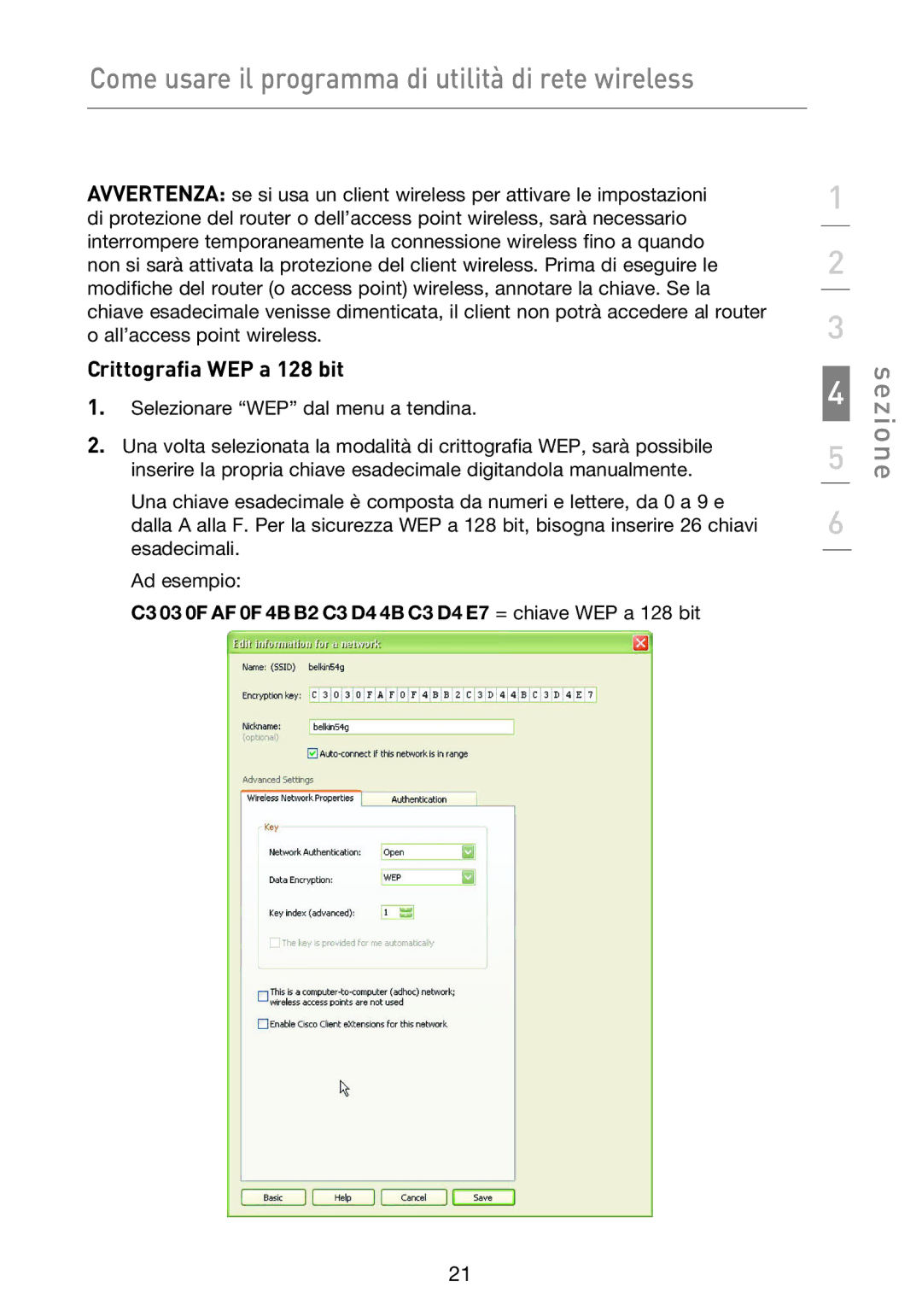 Belkin F5D9050UK user manual Crittografia WEP a 128 bit 