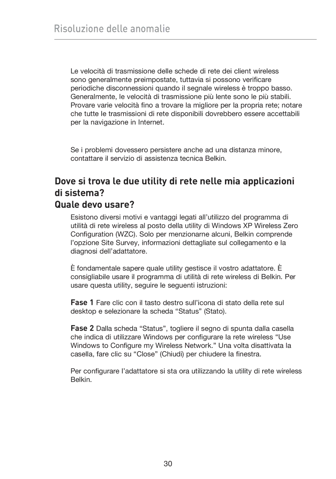 Belkin F5D9050UK user manual Risoluzione delle anomalie 