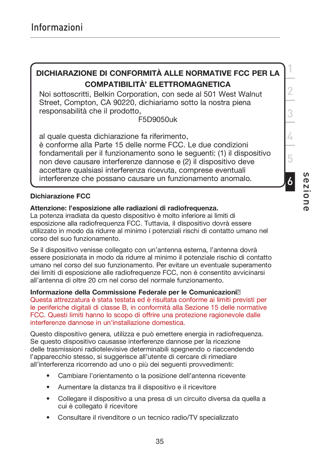 Belkin F5D9050UK user manual Informazione della Commissione Federale per le Comunicazioni 