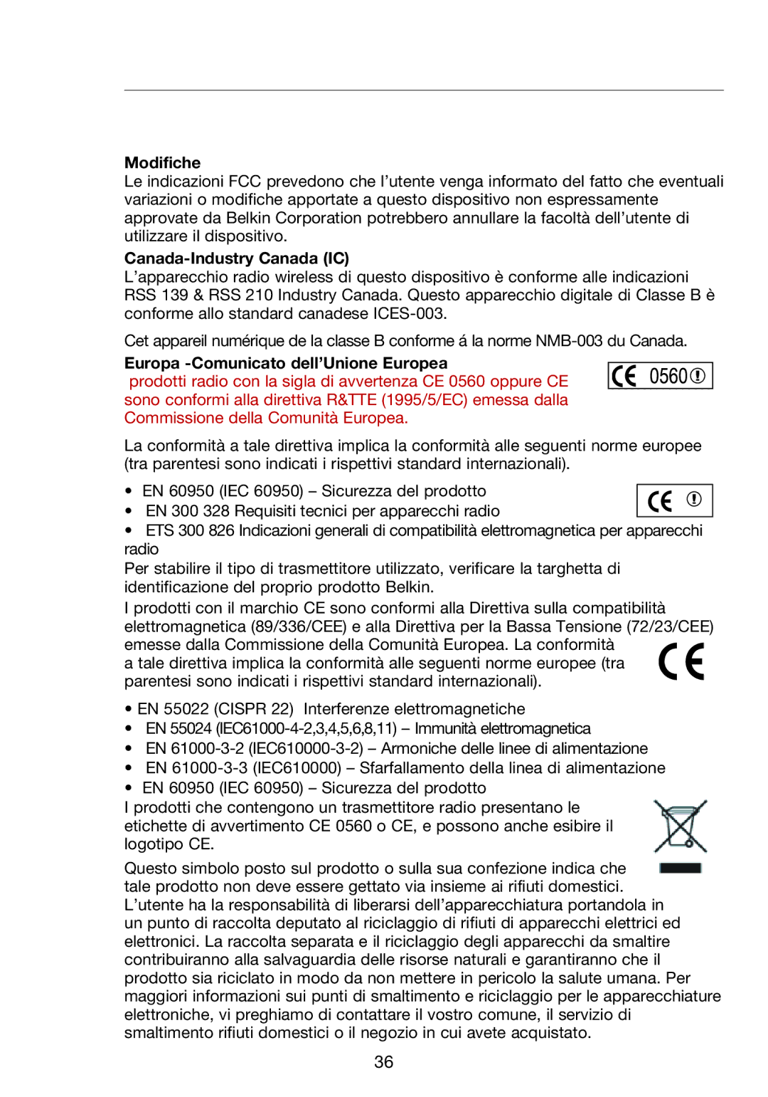 Belkin F5D9050UK user manual Modifiche, Europa -Comunicato dell’Unione Europea 