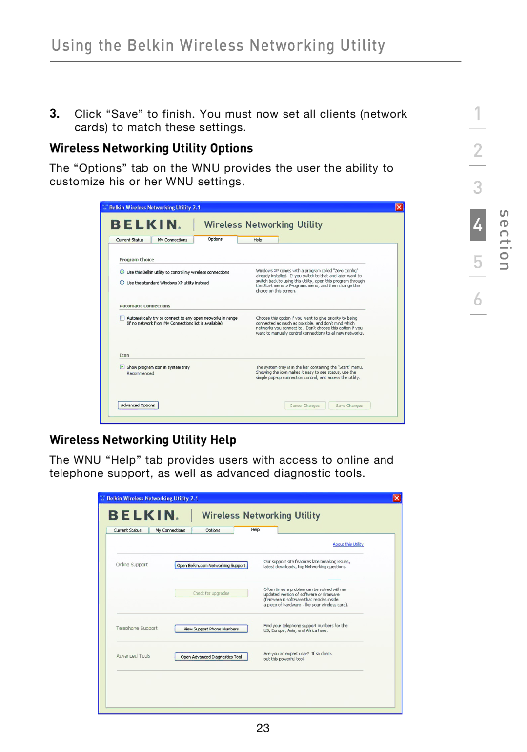 Belkin F5D9050UK user manual Wireless Networking Utility Options, Wireless Networking Utility Help 