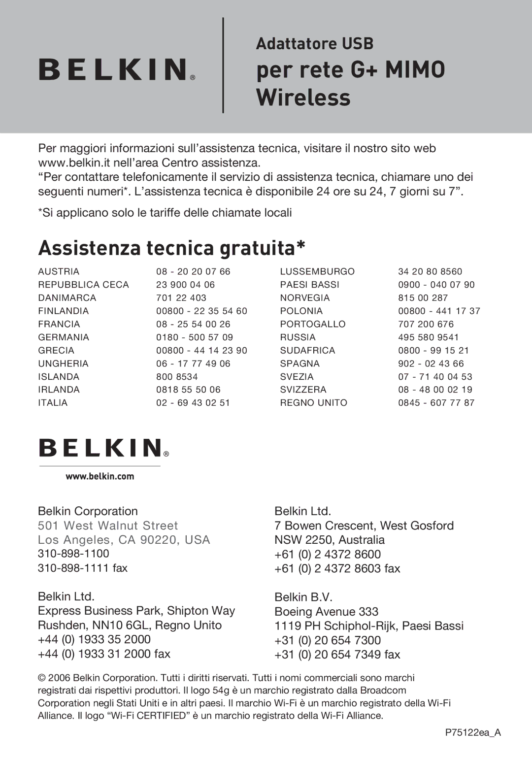 Belkin F5D9050UK user manual Assistenza tecnica gratuita 