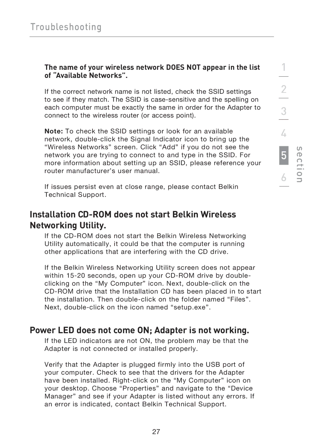 Belkin F5D9050UK user manual Section, Power LED does not come on Adapter is not working 