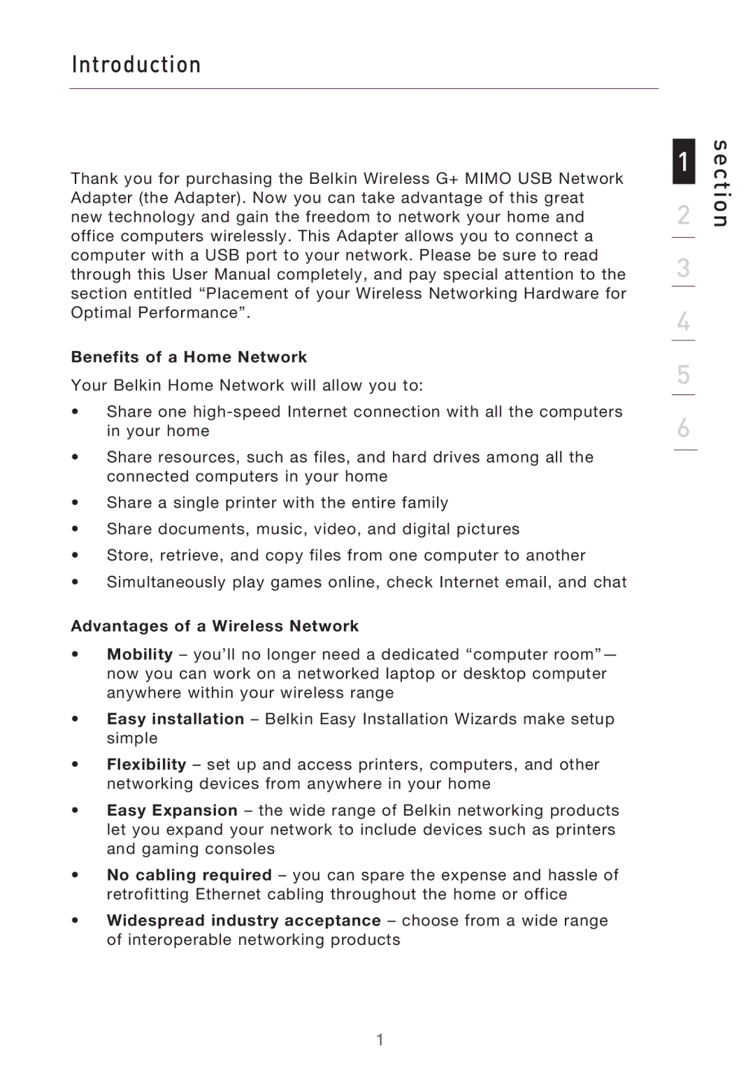 Belkin F5D9050UK user manual Introduction, Section, Benefits of a Home Network, Advantages of a Wireless Network 