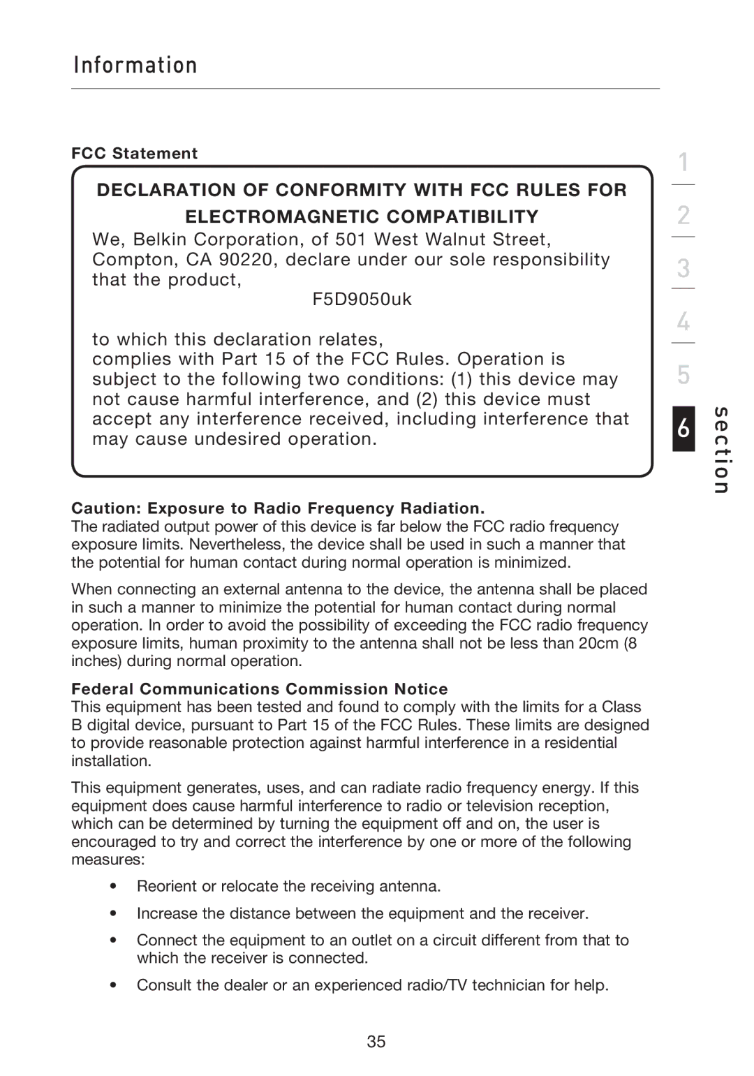 Belkin F5D9050UK user manual FCC Statement, Federal Communications Commission Notice 