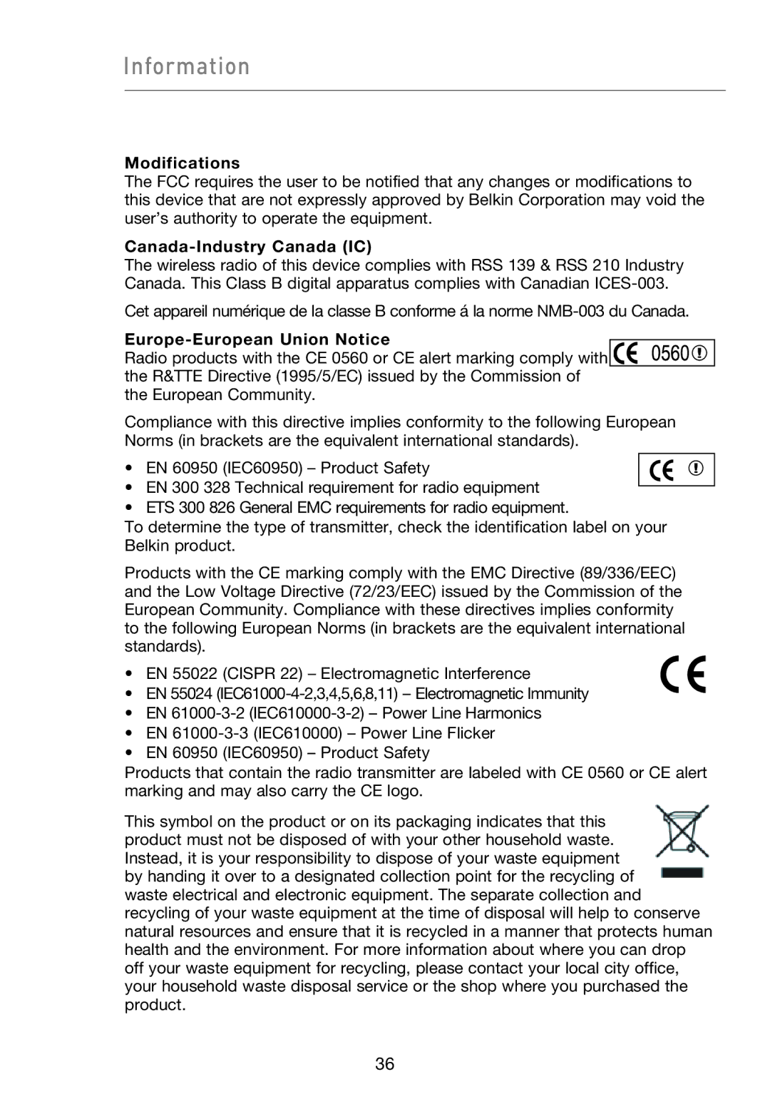 Belkin F5D9050UK user manual Information, Modifications, Canada-Industry Canada IC, Europe-European Union Notice 