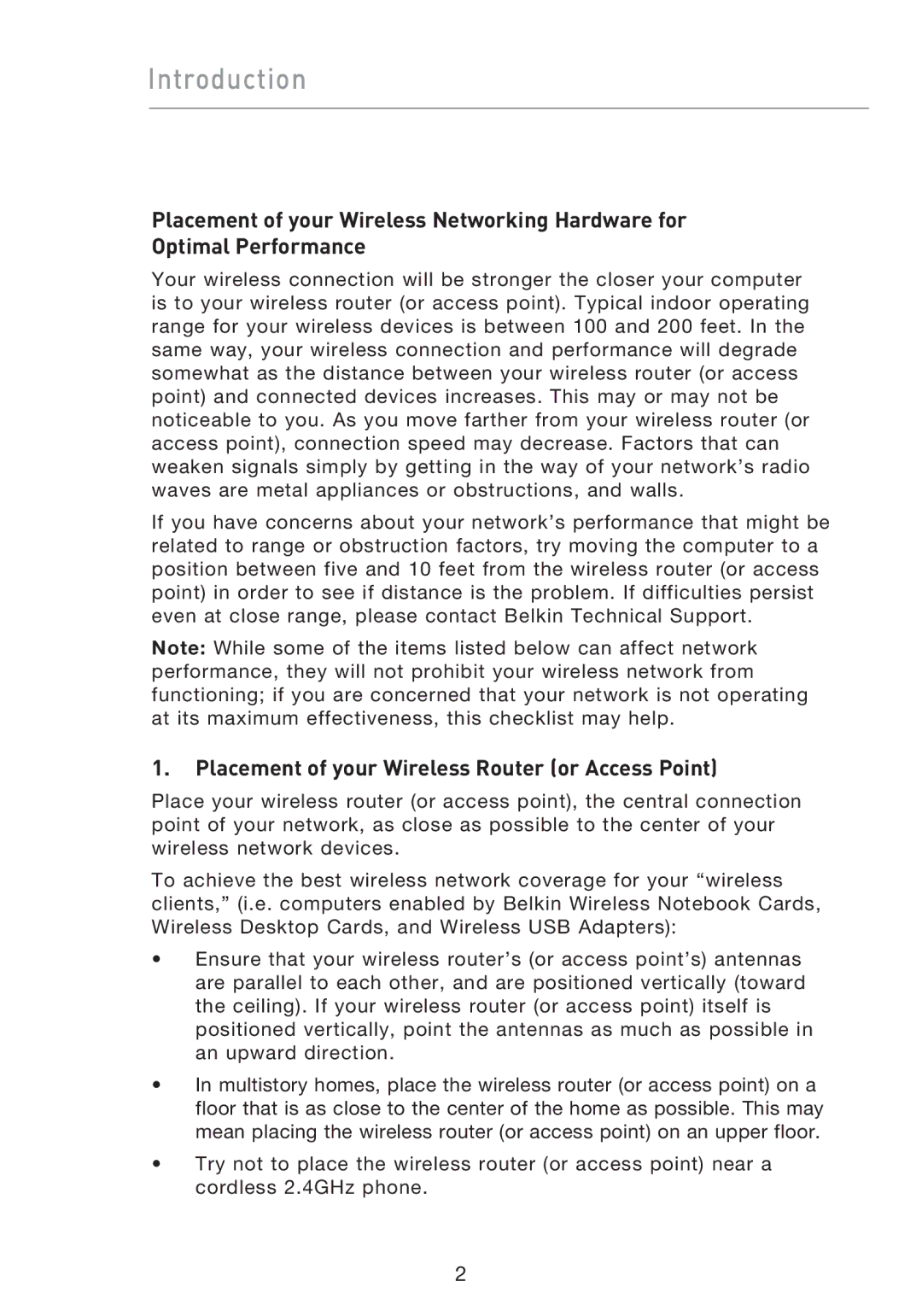 Belkin F5D9050UK user manual Introduction, Placement of your Wireless Router or Access Point 