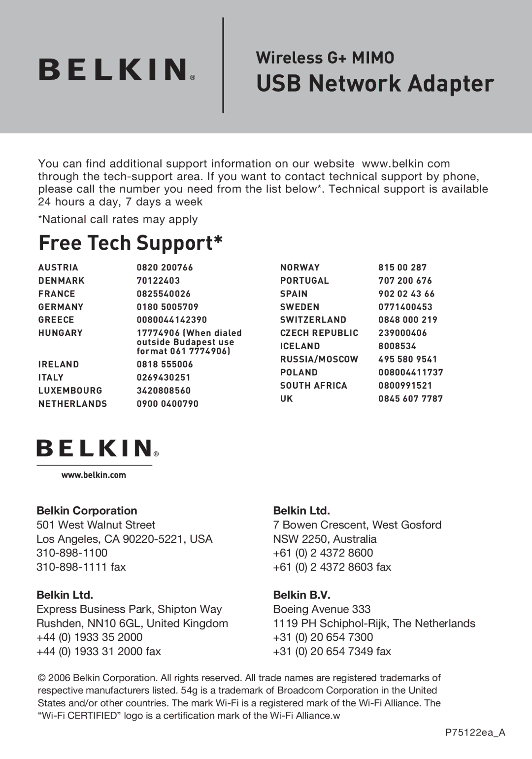 Belkin F5D9050UK user manual Belkin Corporation, Belkin B.V 