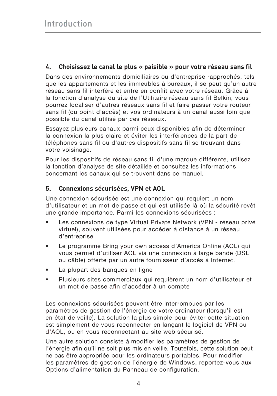 Belkin F5D9050UK user manual Connexions sécurisées, VPN et AOL 