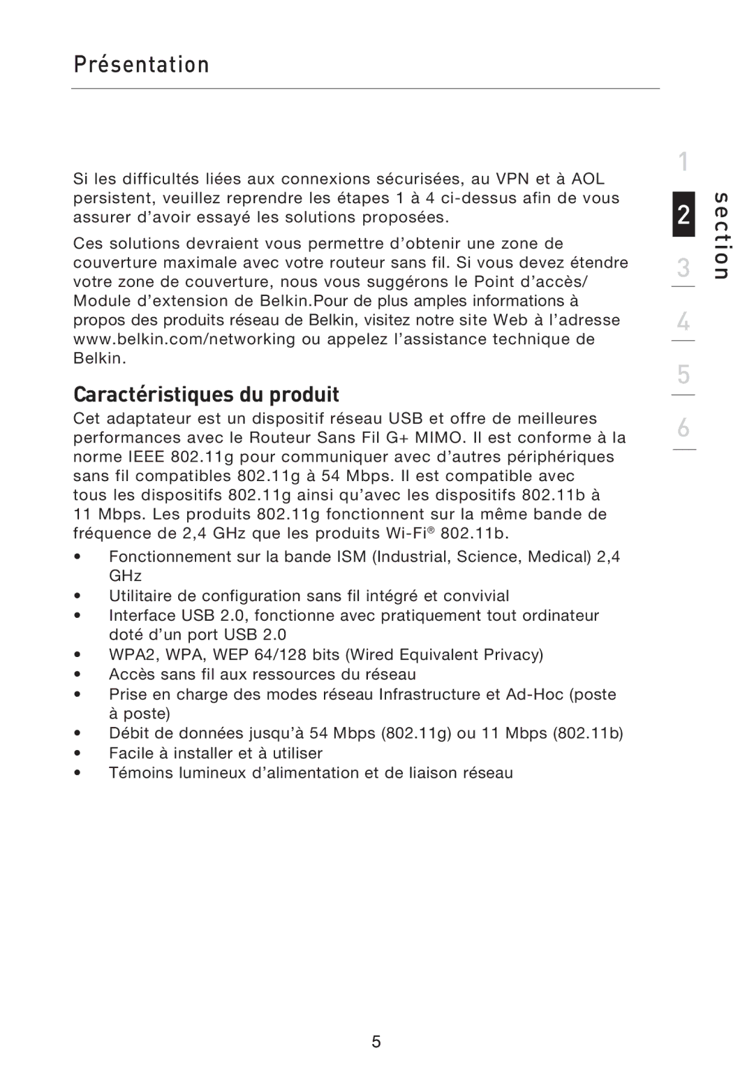 Belkin F5D9050UK user manual Présentation, Caractéristiques du produit 