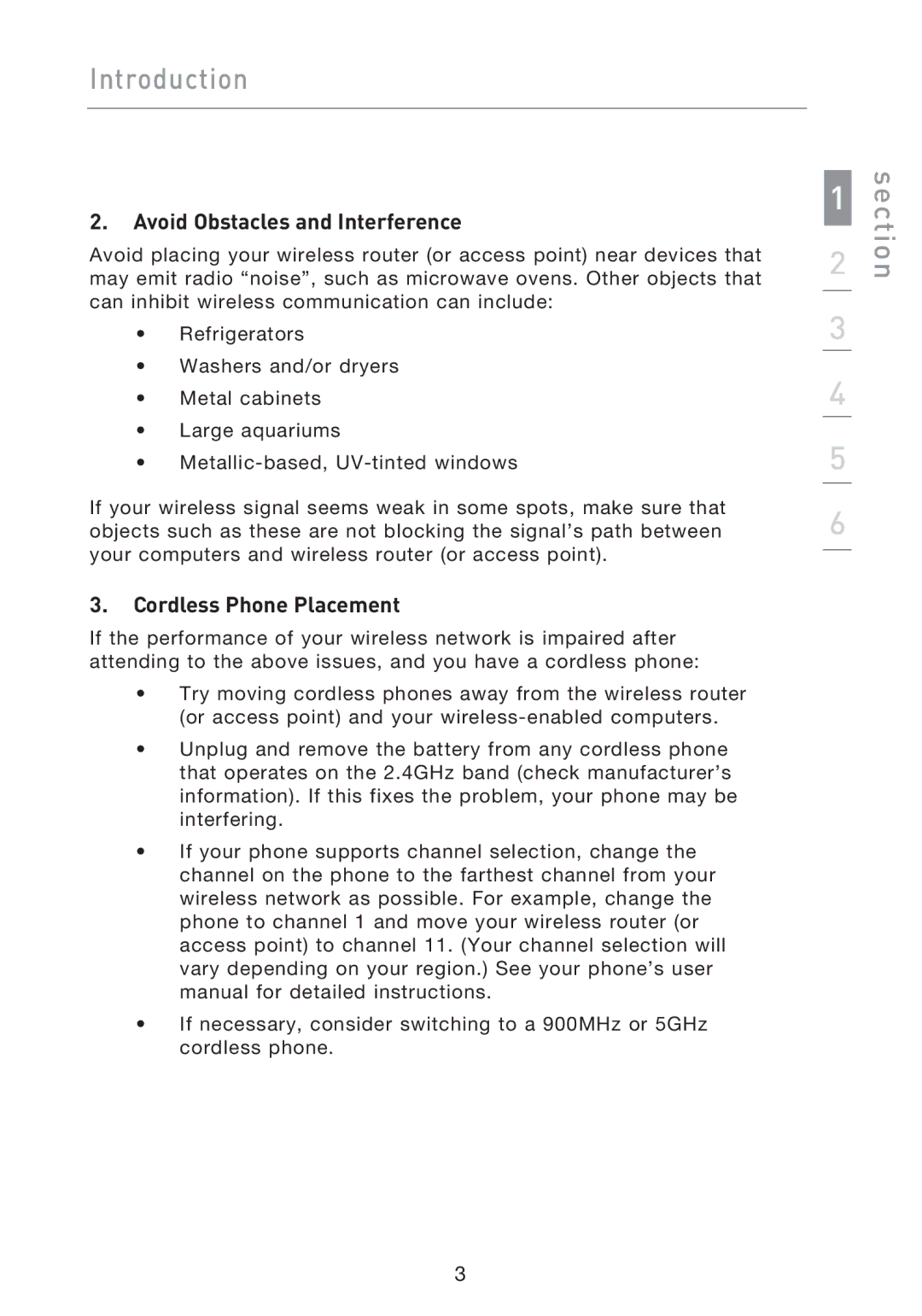 Belkin F5D9050UK user manual Section, Avoid Obstacles and Interference, Cordless Phone Placement 