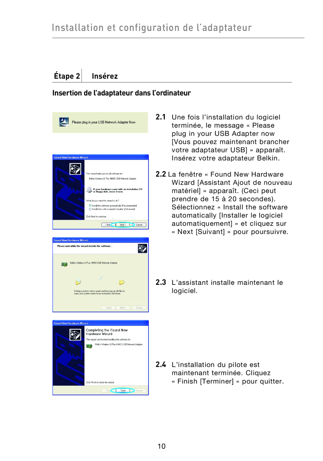 Belkin F5D9050UK user manual Installation et configuration de l’adaptateur 