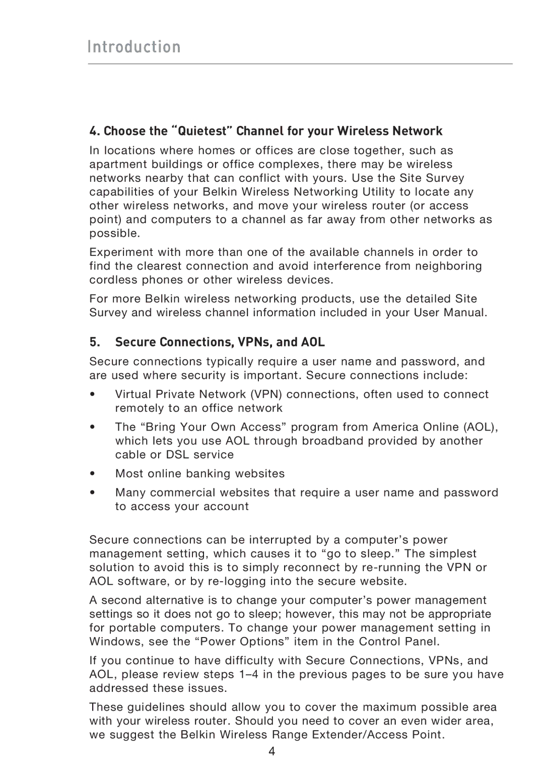 Belkin F5D9050UK user manual Choose the Quietest Channel for your Wireless Network, Secure Connections, VPNs, and AOL 